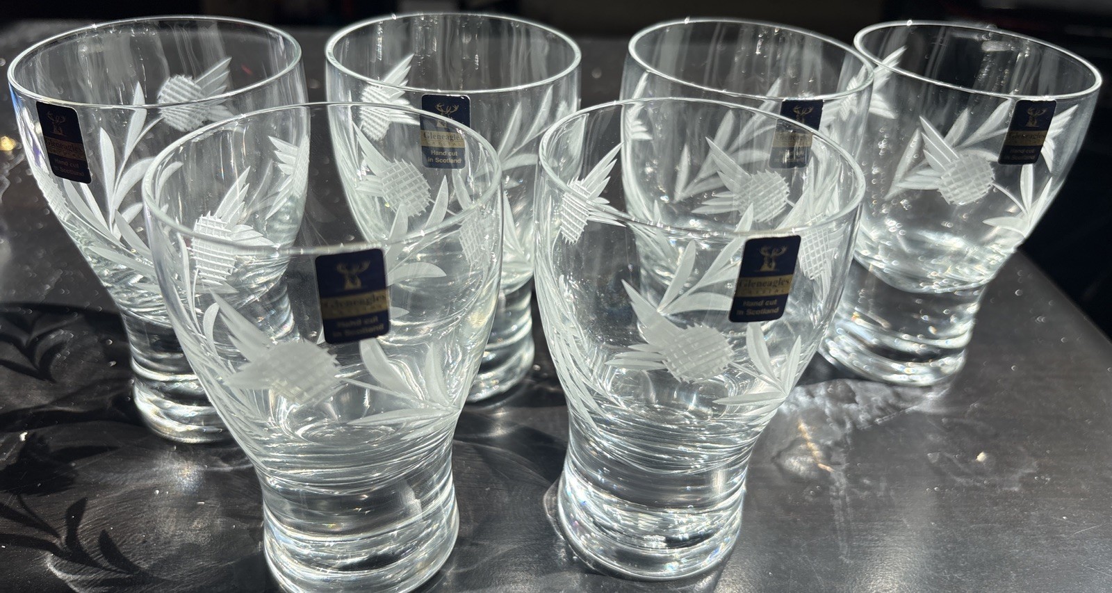 Vintage Gleneagles Crystal Scotland Hand Cut Thistle Whiskey Glasses Set Of 6