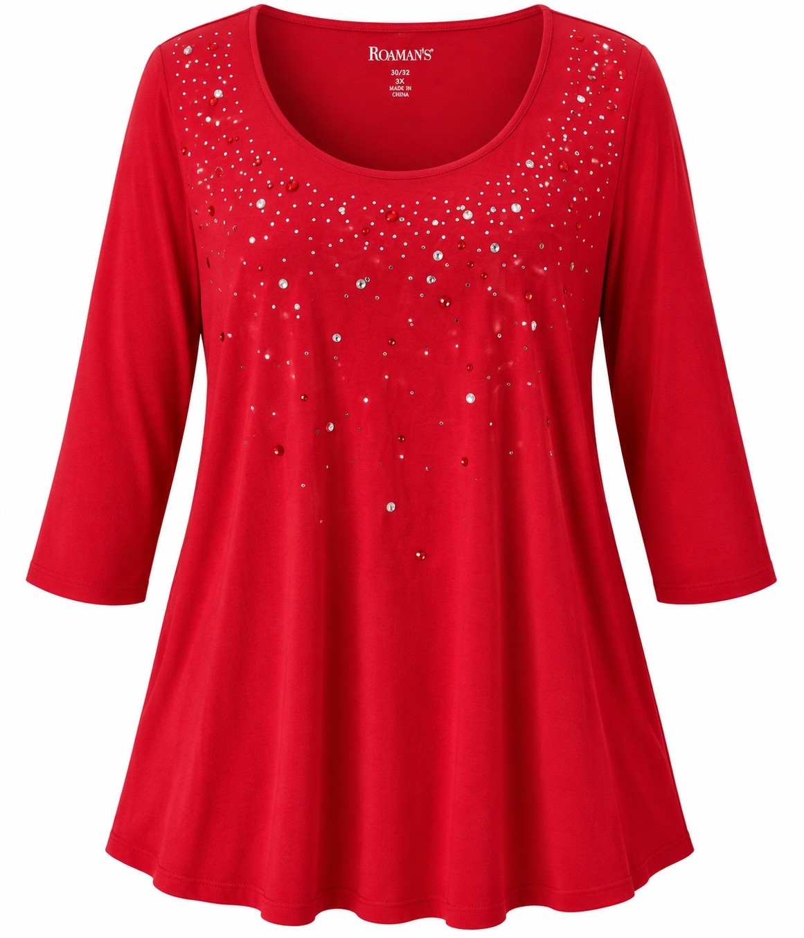 Roaman’s Women’s 3X 30/32 Red Rhinestone Embellished 3/4 Sleeve Tunic Top Roaman’s Women’s 3X 30/32 Red Rhinestone Embellished 3/4 Sleeve Tunic Top
