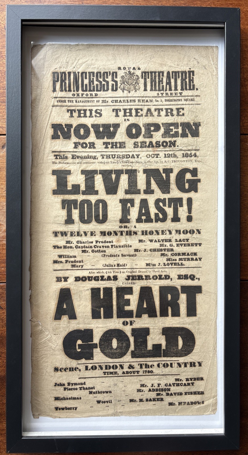 Antique Playbill Princess’s Theatre Living Too Fast Heart of Gold Kean 1854 Antique Playbill Princess’s Theatre Living Too Fast Heart of Gold Kean 1854