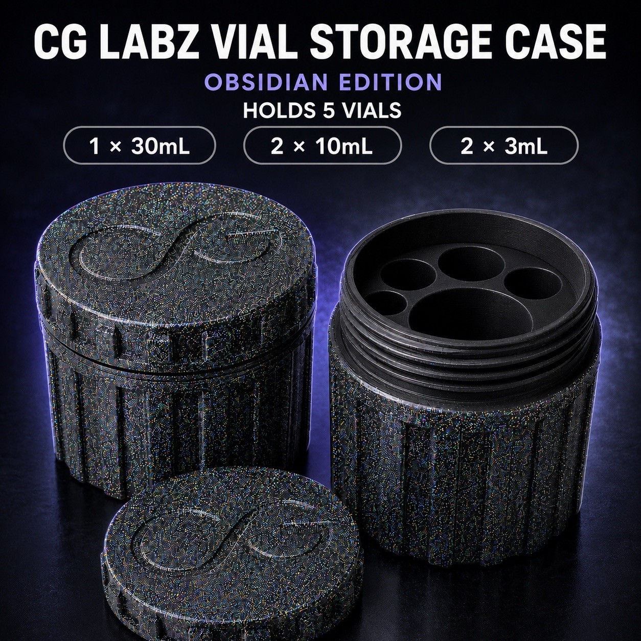 CG LABZ Obsidian Peptide TRT Storage Case - Holds 5 Vials 1x 30mL 2x 10mL 2x 3mL