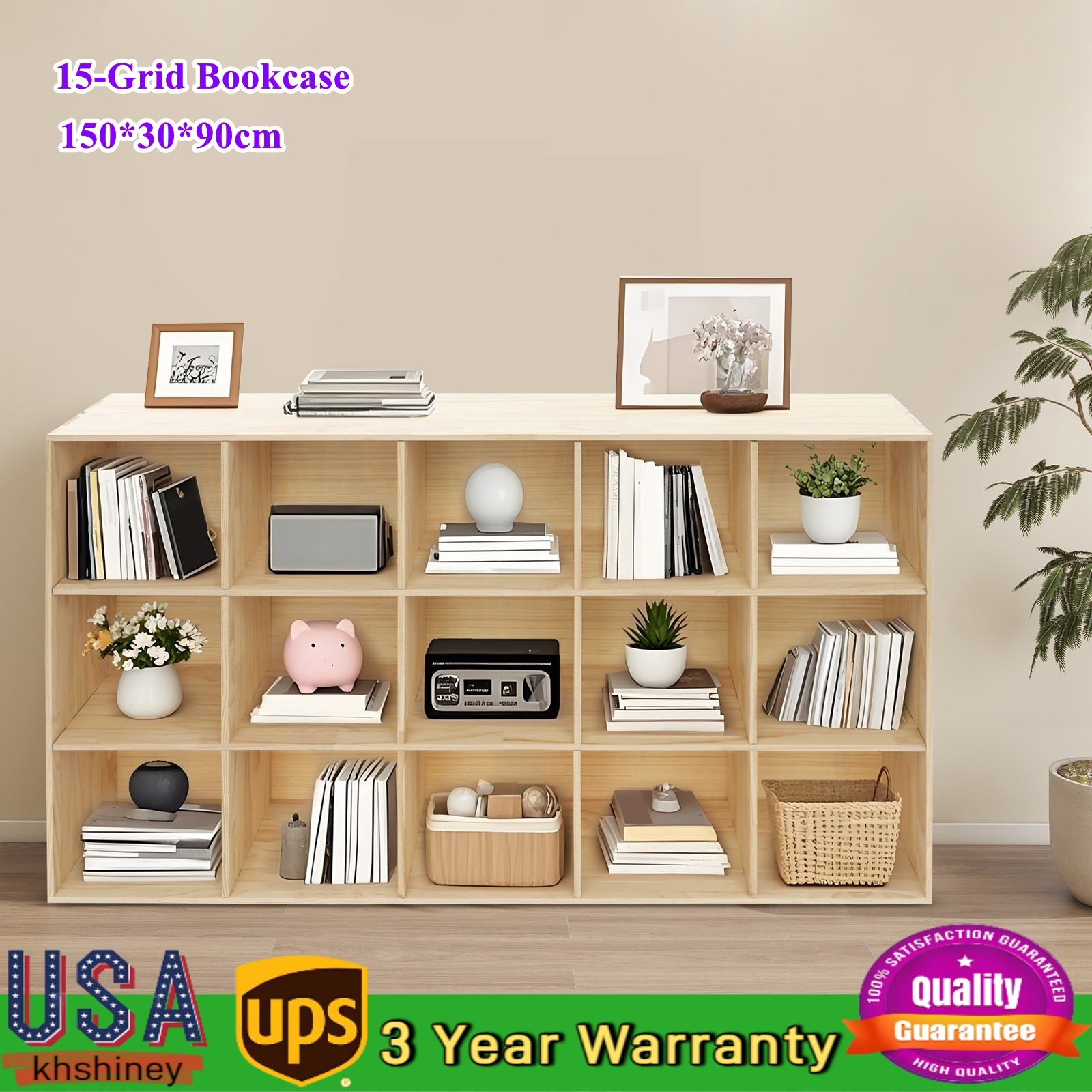 3 Tiers 15-Compartment Bookcase  Large Capacity 15 Cubes Storage Display Shelf