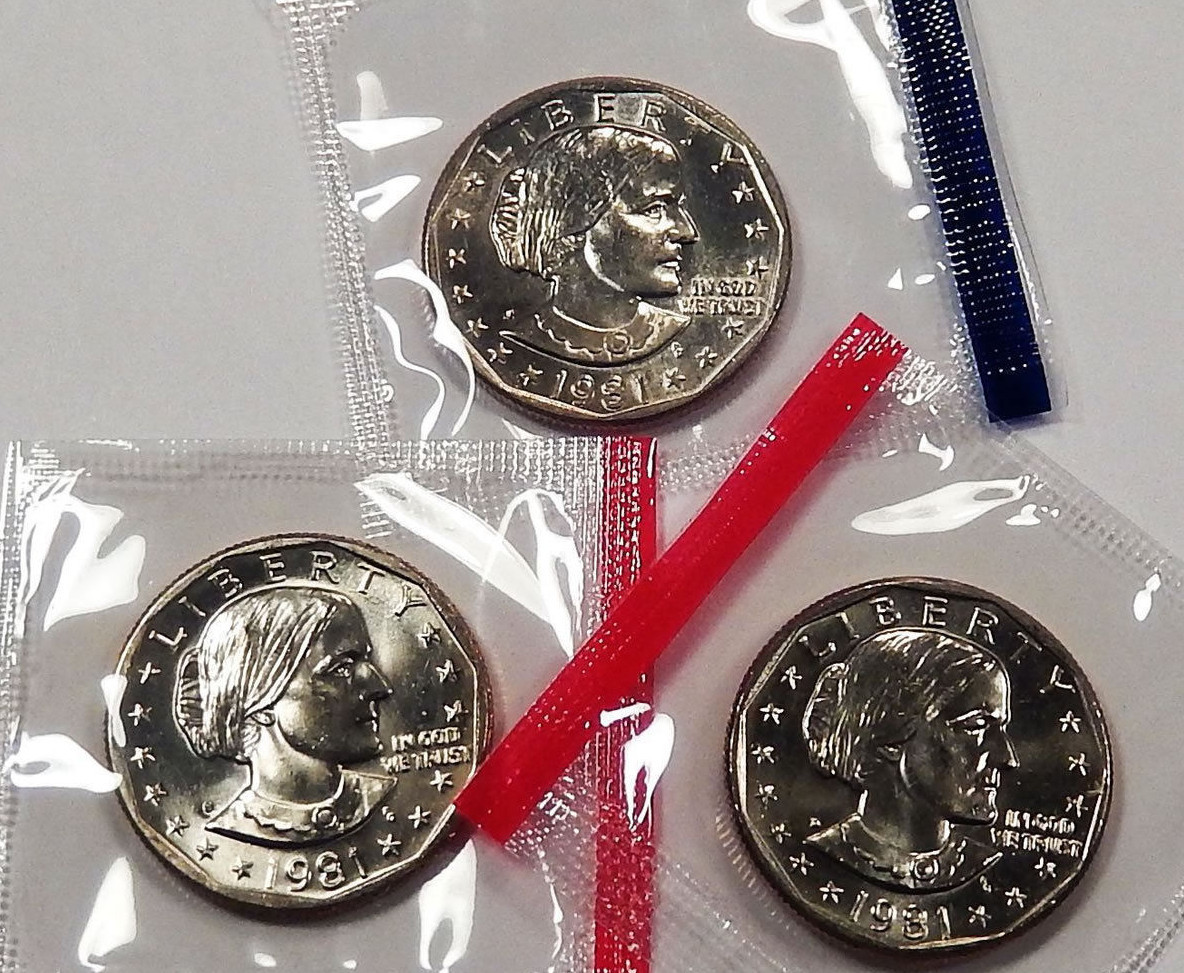 1981 P D & S Mint Cello BU UNC Susan B Anthony Dollars 3 US Coin Set GEM UNCIRCU 1981 P D & S Mint Cello BU UNC Susan B Anthony Dollars 3 US Coin Set GEM UNCIRCU