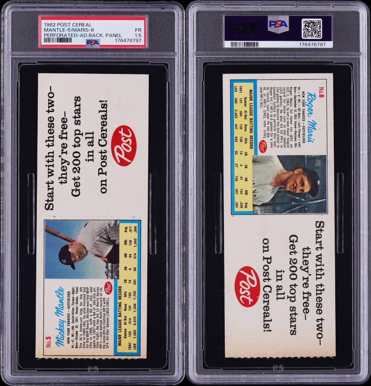 1962 Topps Post Cereal #5 & 6 Mickey Mantle and Roger Maris PSA Graded 1.5 1962 Topps Post Cereal #5 & 6 Mickey Mantle and Roger Maris PSA Graded 1.5