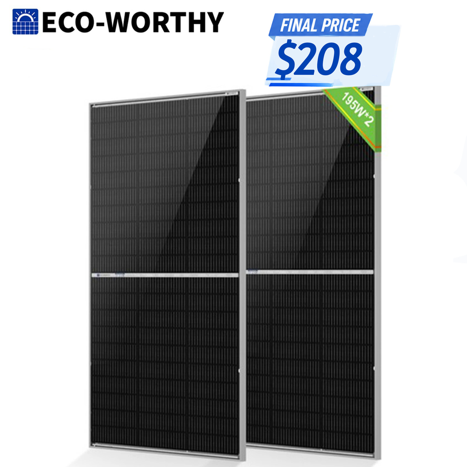ECO-WORTHY 2Pack 195W N-Type 18BB Bifacial Solar Panels 25% High Conversion RV