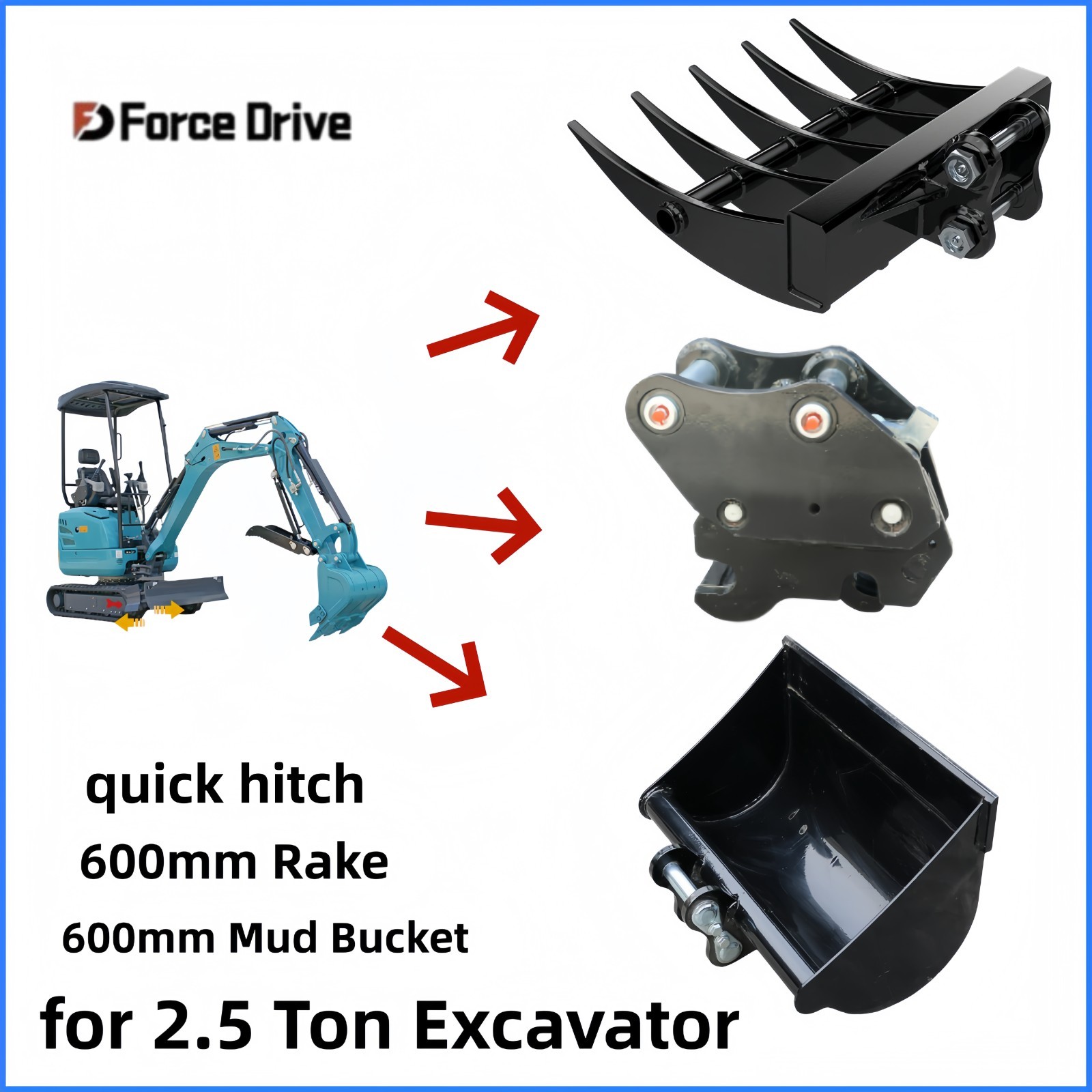 600mm Rake & Mud Bucket quick hitch for 2.5‑Ton Mini Excavator 30mm Pin Diameter