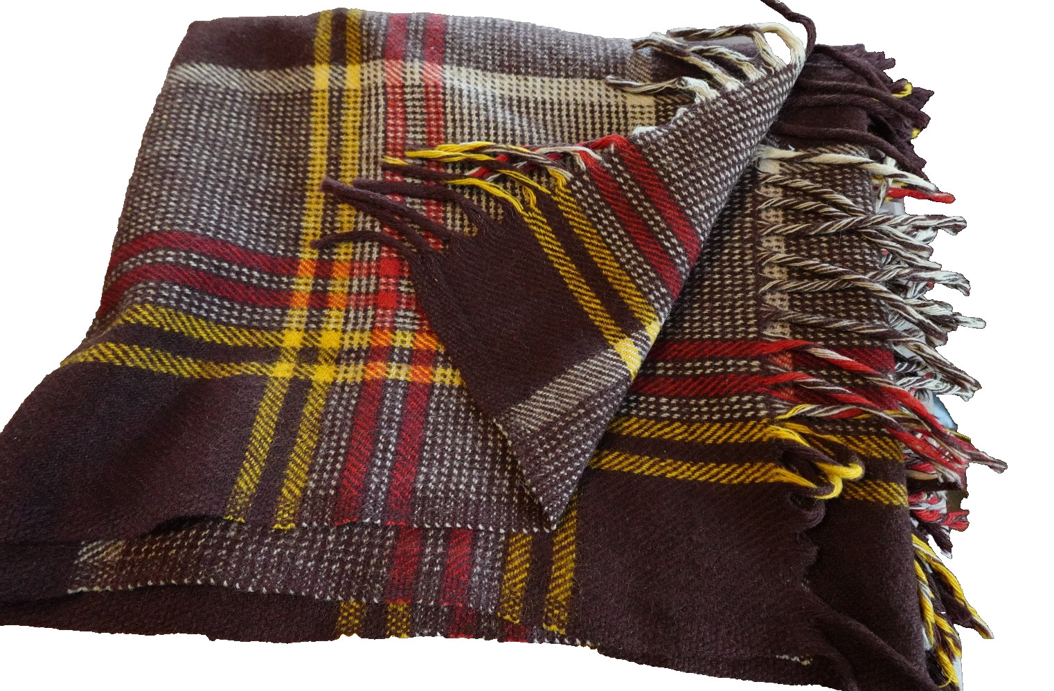 VINTAGE FARIBO 100%WOOL STADIUM BLANKET FRINGES PLAID BROWN MULTI COLORS 65\ VINTAGE FARIBO 100%WOOL STADIUM BLANKET FRINGES PLAID BROWN MULTI COLORS 65\