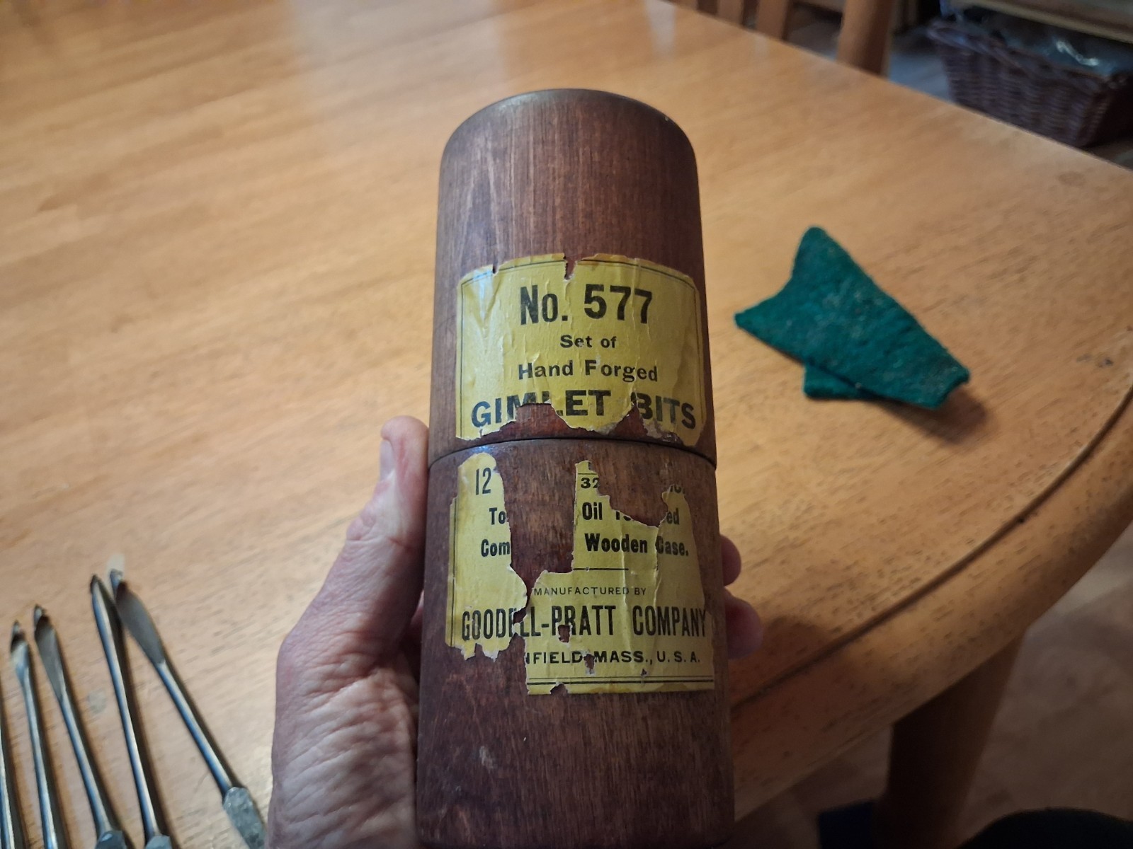 Antique Goodell Pratt Co Hand Forged Gimlet Bits #577 Marked Wood Case set of 12