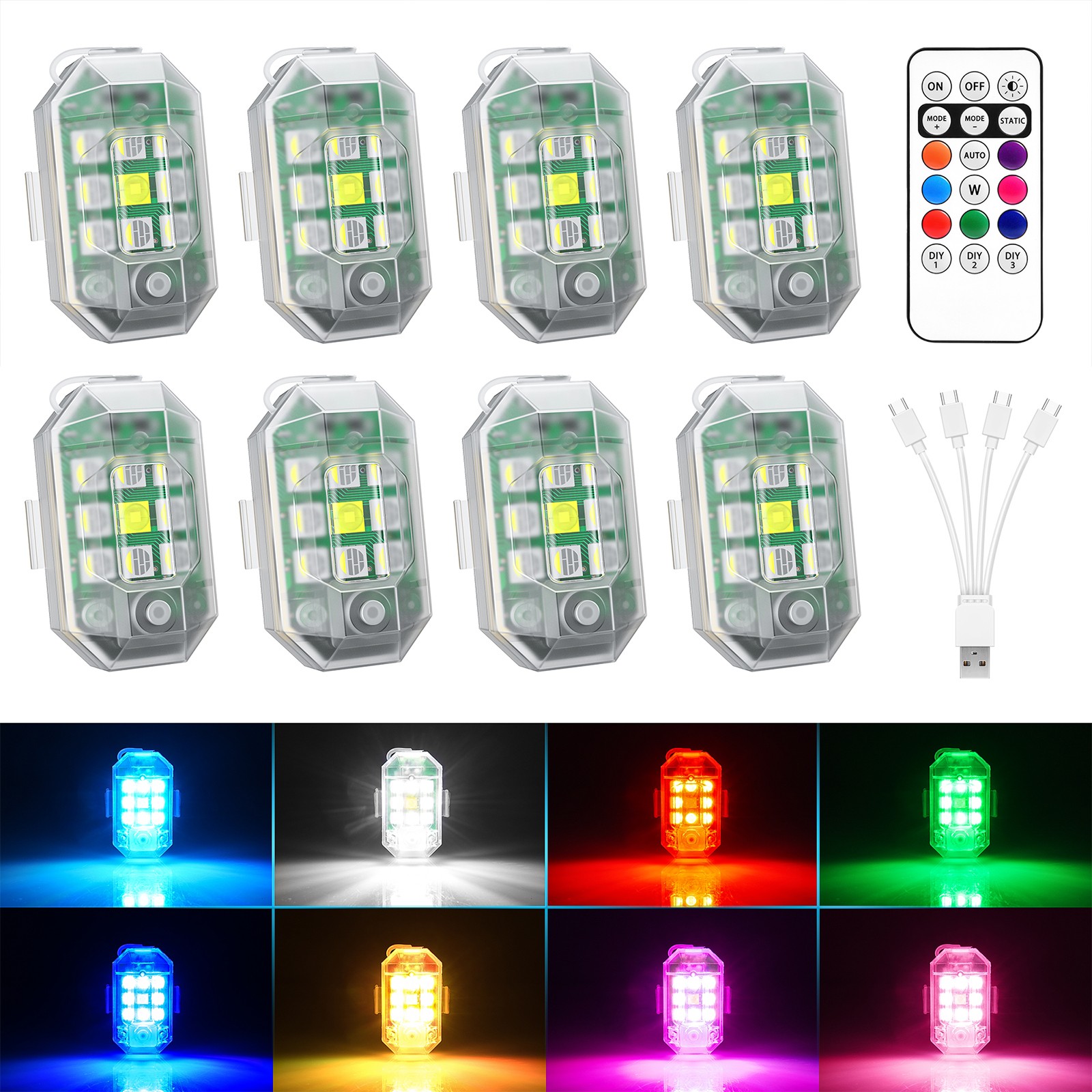 Wireless Rechargeable Strobe LED Lights with Remote Control, 8 Colors Waterproof