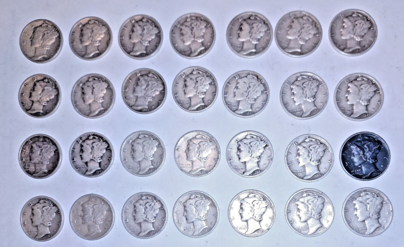 Lot of 28 Mercury Silver Dimes 1943 1944 1945 P D S Junk 90% Coin Estate Hoard