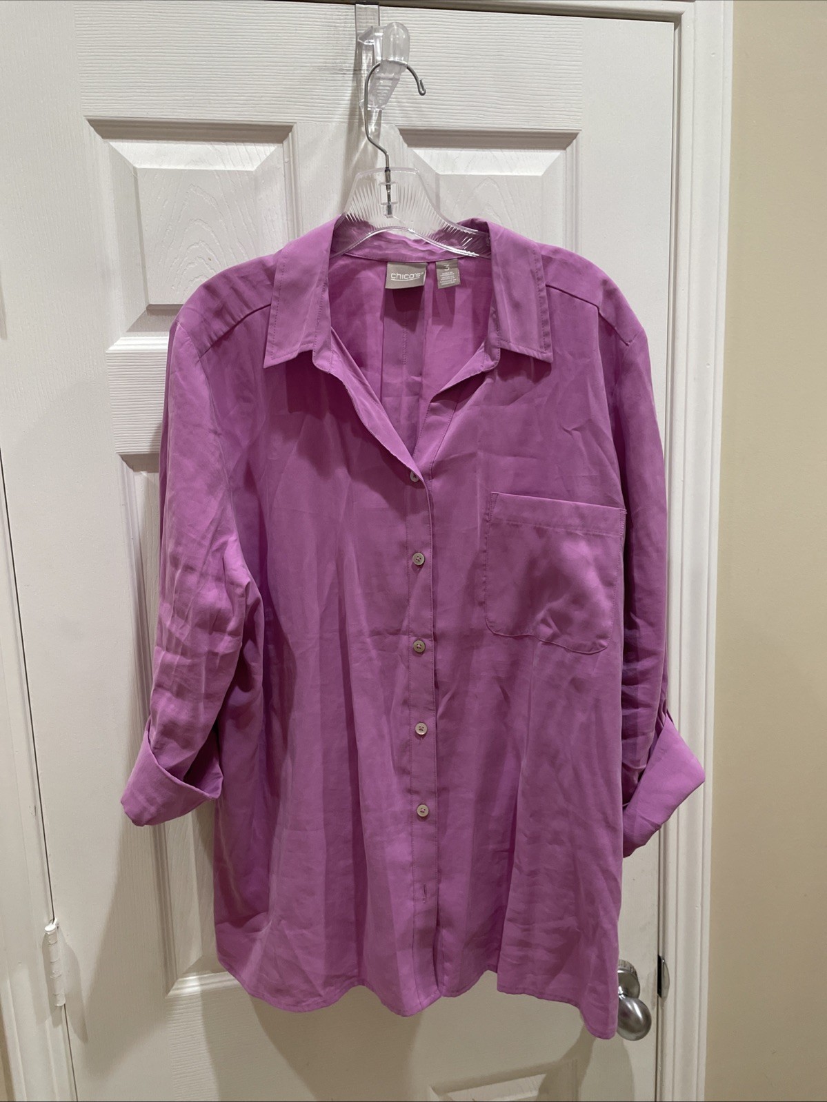 Chicos Women’s Sz 3 gorgeous purple Beautiful Long Sleeve button blouse Chicos Women’s Sz 3 gorgeous purple Beautiful Long Sleeve button blouse