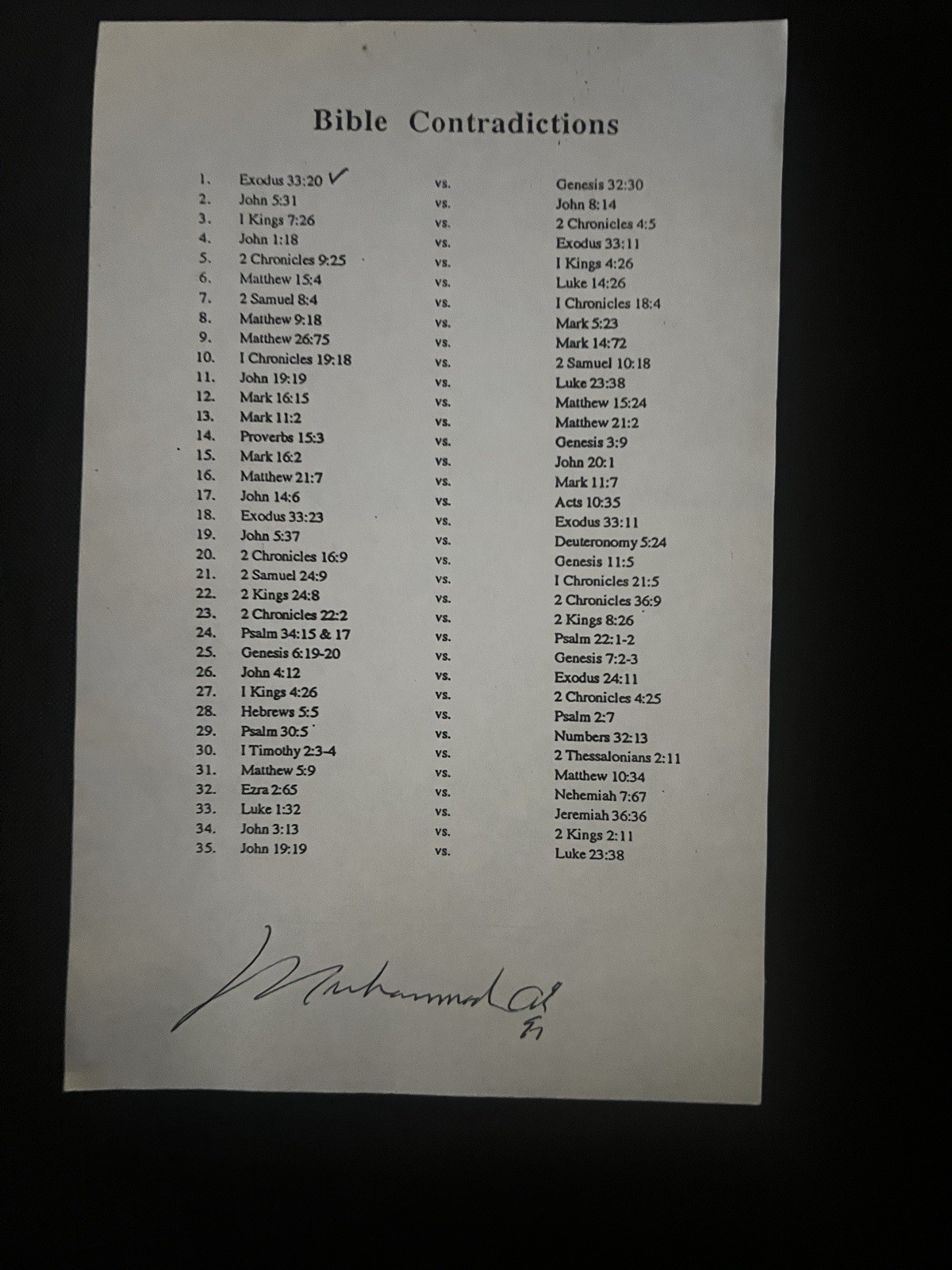 Rare Mohammed Ali Signed Bible Contradictions Exodus 33:20 checked Off by Ali