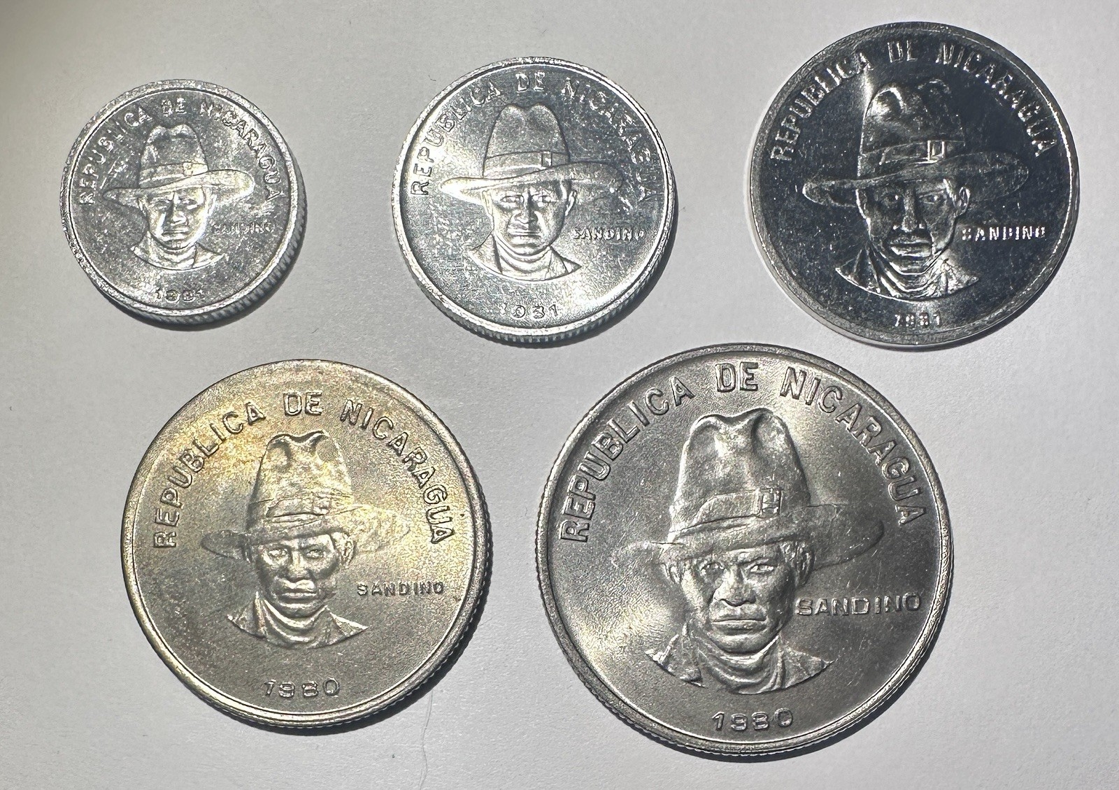 Nicaragua 1980-1981 Set Of 5 Coins: 5, 10, 25, 50 Centavos + 1 Cordoba, UNC/BU  