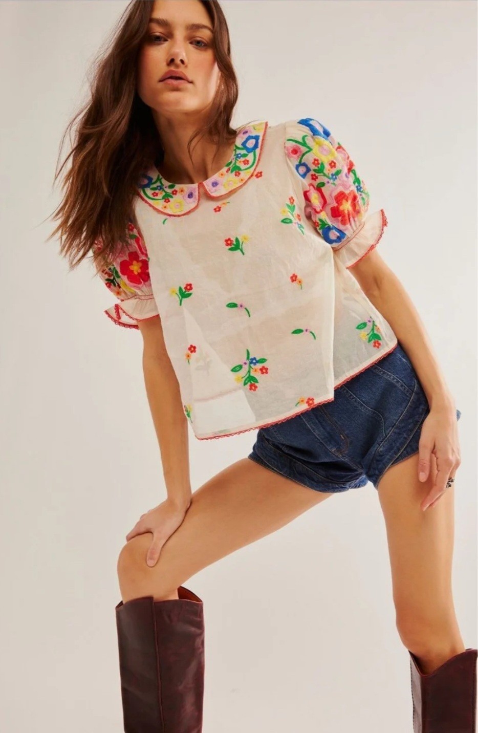 Women\'s Free People  Flowers of Love embroidery ecru top short sleeve size L NWT