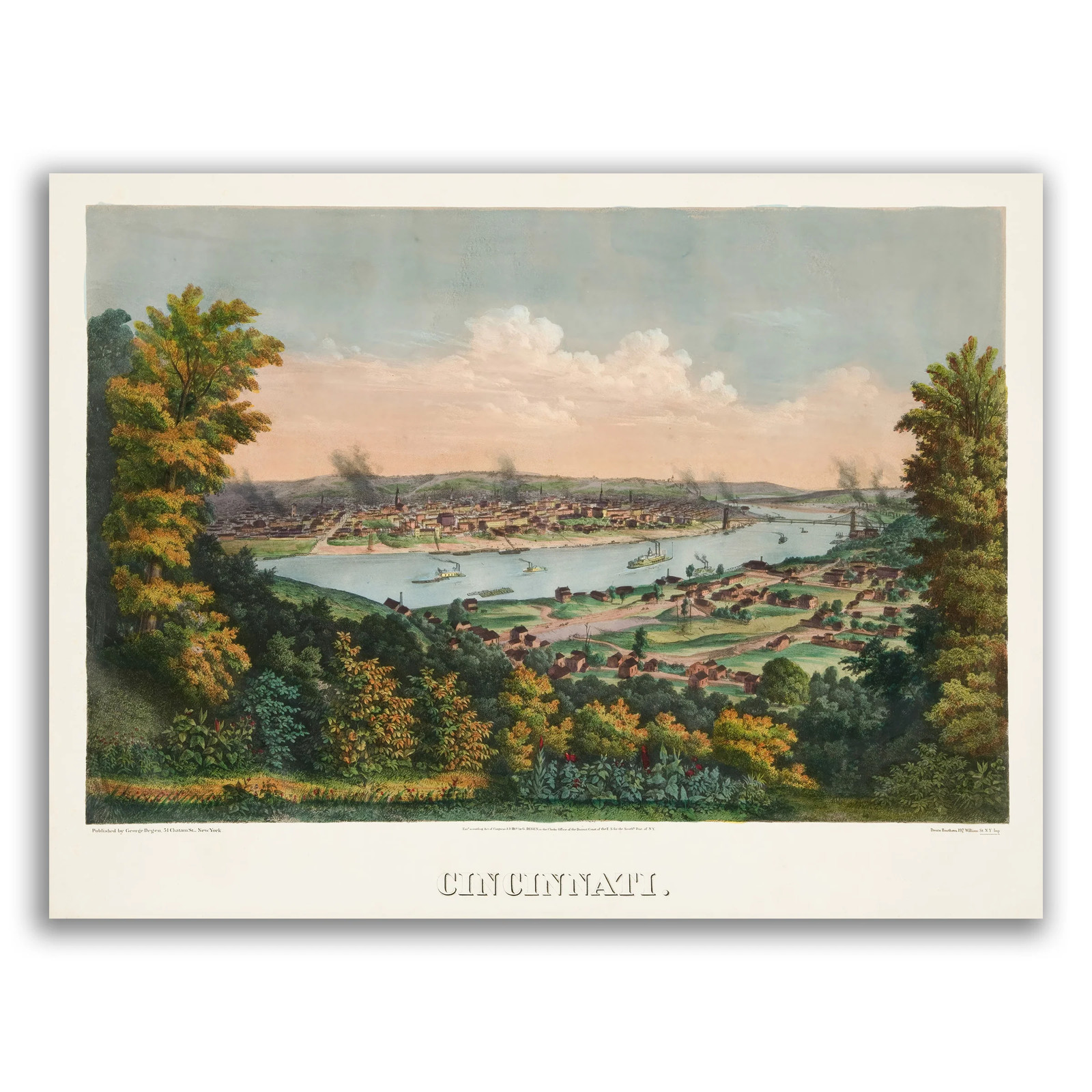 Cincinnati OH 1869 Bird\'s Eye View Panoramic Antique Map Fine Art Poster Print
