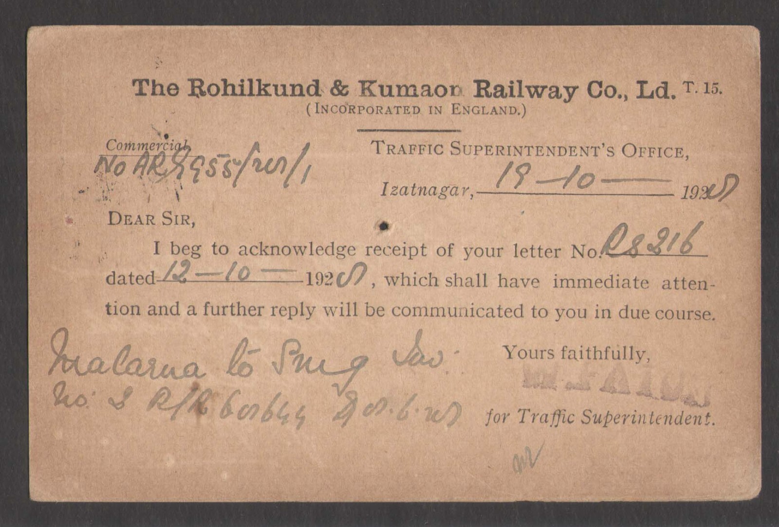 British India Pre Printed Postcard THE ROHILKUND & KUMAON RAILWAY CO LTD. Train