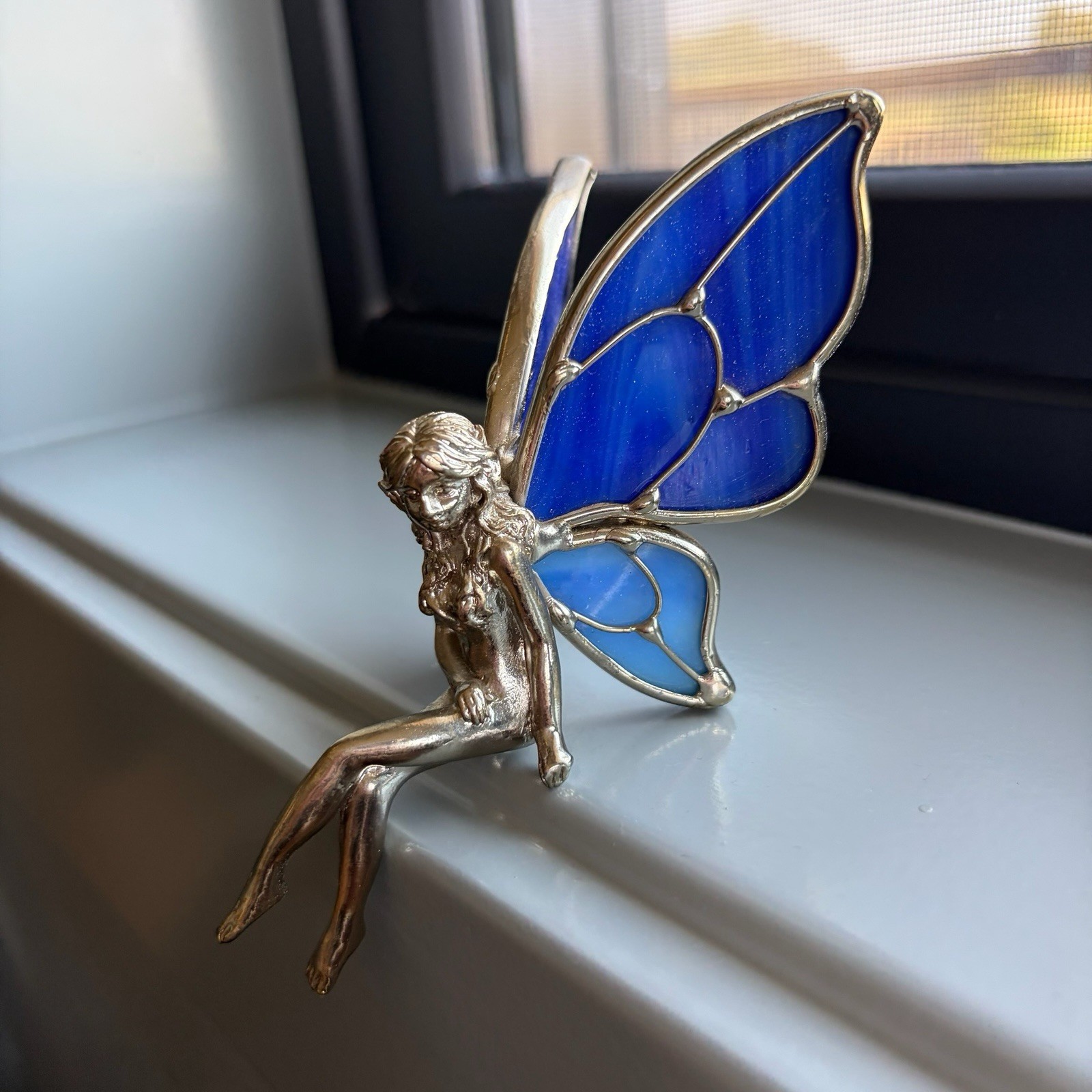 Vintage Fairy Pixie 4in Pewter Silver Tone Figure Stained Glass Wings Vintage Fairy Pixie 4in Pewter Silver Tone Figure Stained Glass Wings