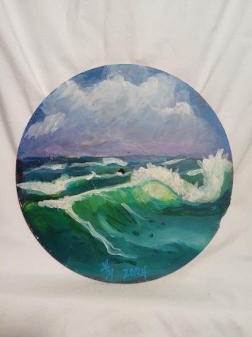 Acrylic on LP record of a seascape original wall art by Loretta Nash