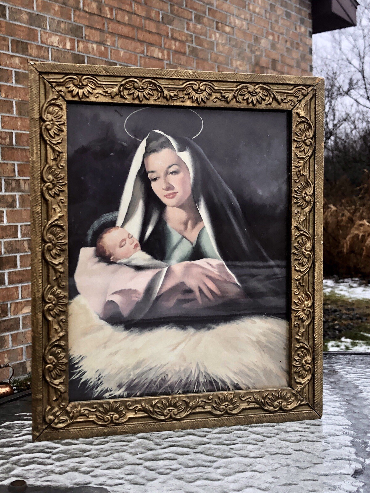 Antique Madonna & Jesus Child French Christian Religious Litho- Old Frame Antique Madonna & Jesus Child French Christian Religious Litho- Old Frame