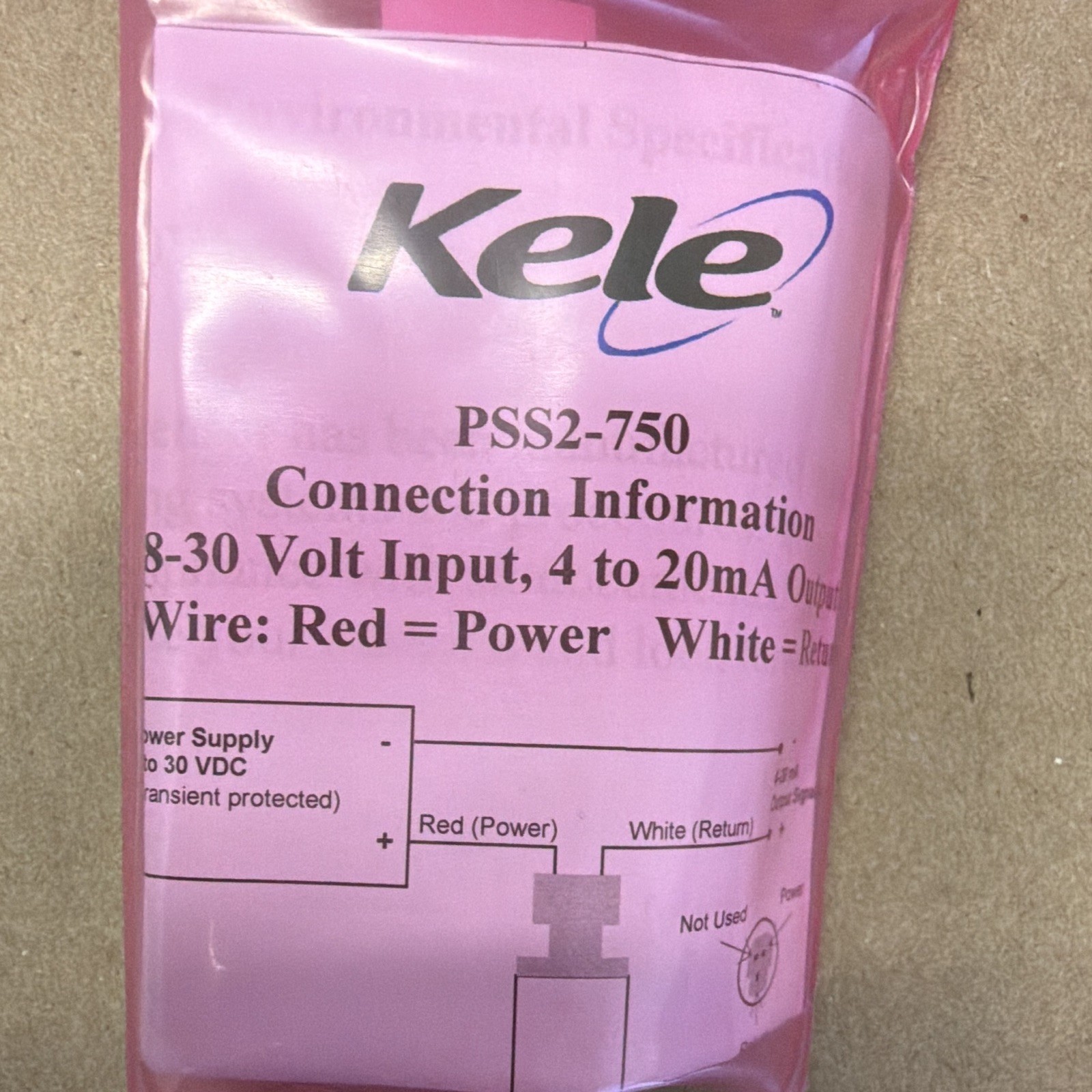 Kele PSS2-750 Pressure Sensor/Transducer, 8-30VDC 4-20mA Analog, Panel