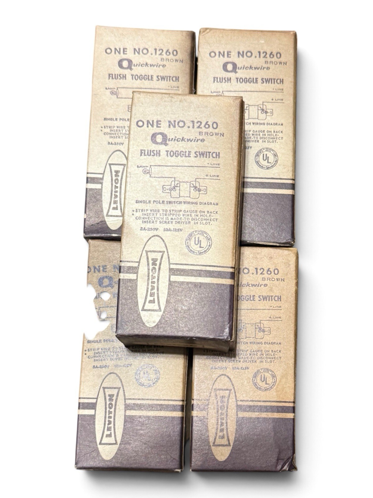 Lot Of 5 NOS Leviton 1260 Toggle Switch Single-Pole Industrial Grade Brown Lot Of 5 NOS Leviton 1260 Toggle Switch Single-Pole Industrial Grade Brown