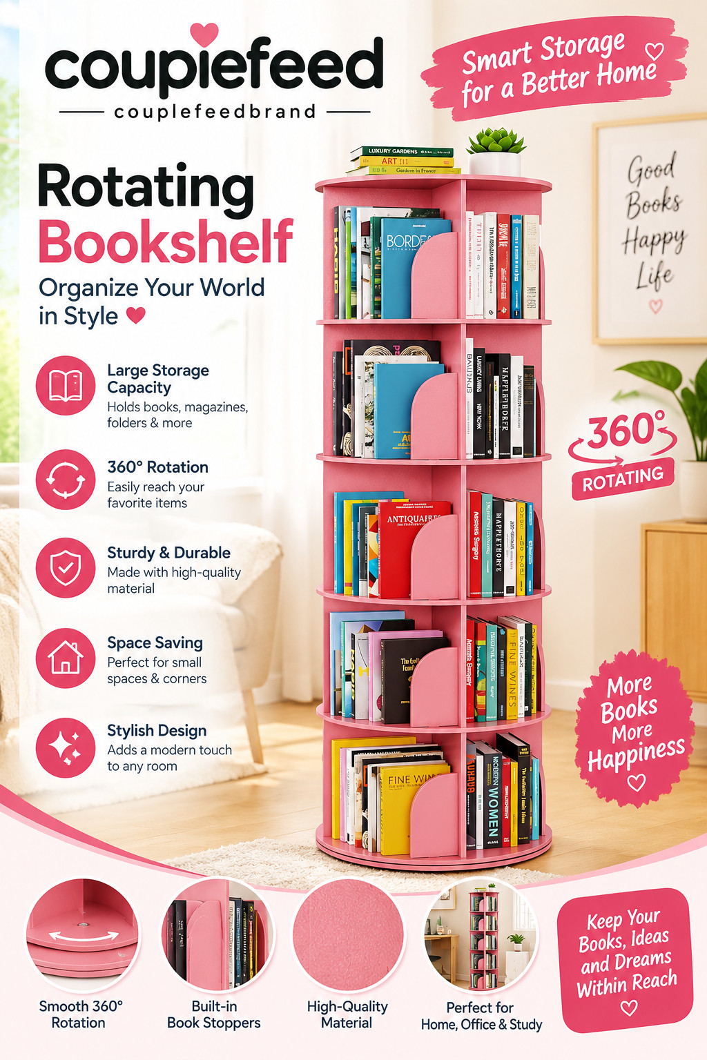 Pink 5-Tier Rotating Bookshelf Tower - 360° Spinning Bookcase Organizer