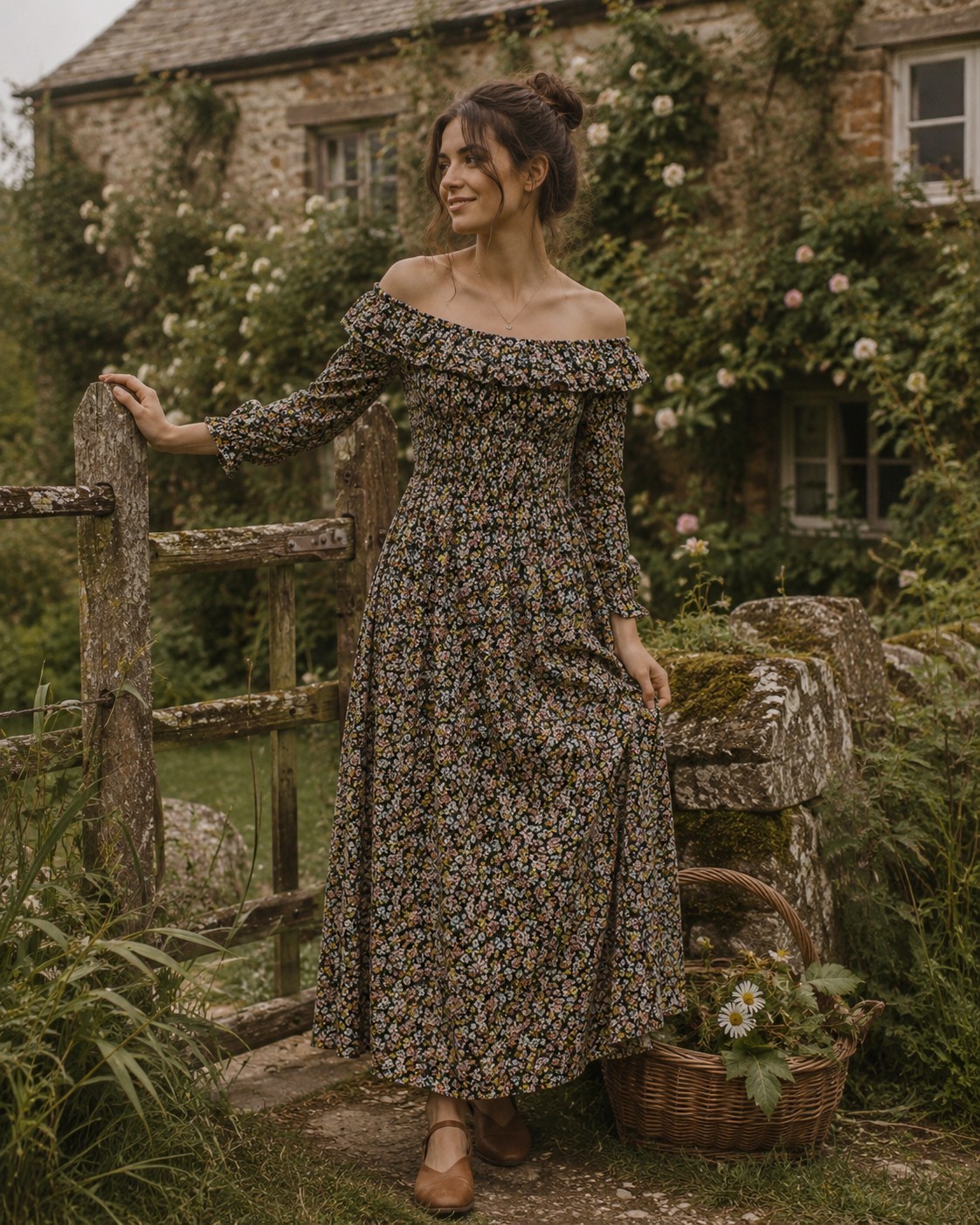 Dôen Rosenda Ruffled Shirred Floral Print Voile Midi Dress Boho Women\'s XS NWT