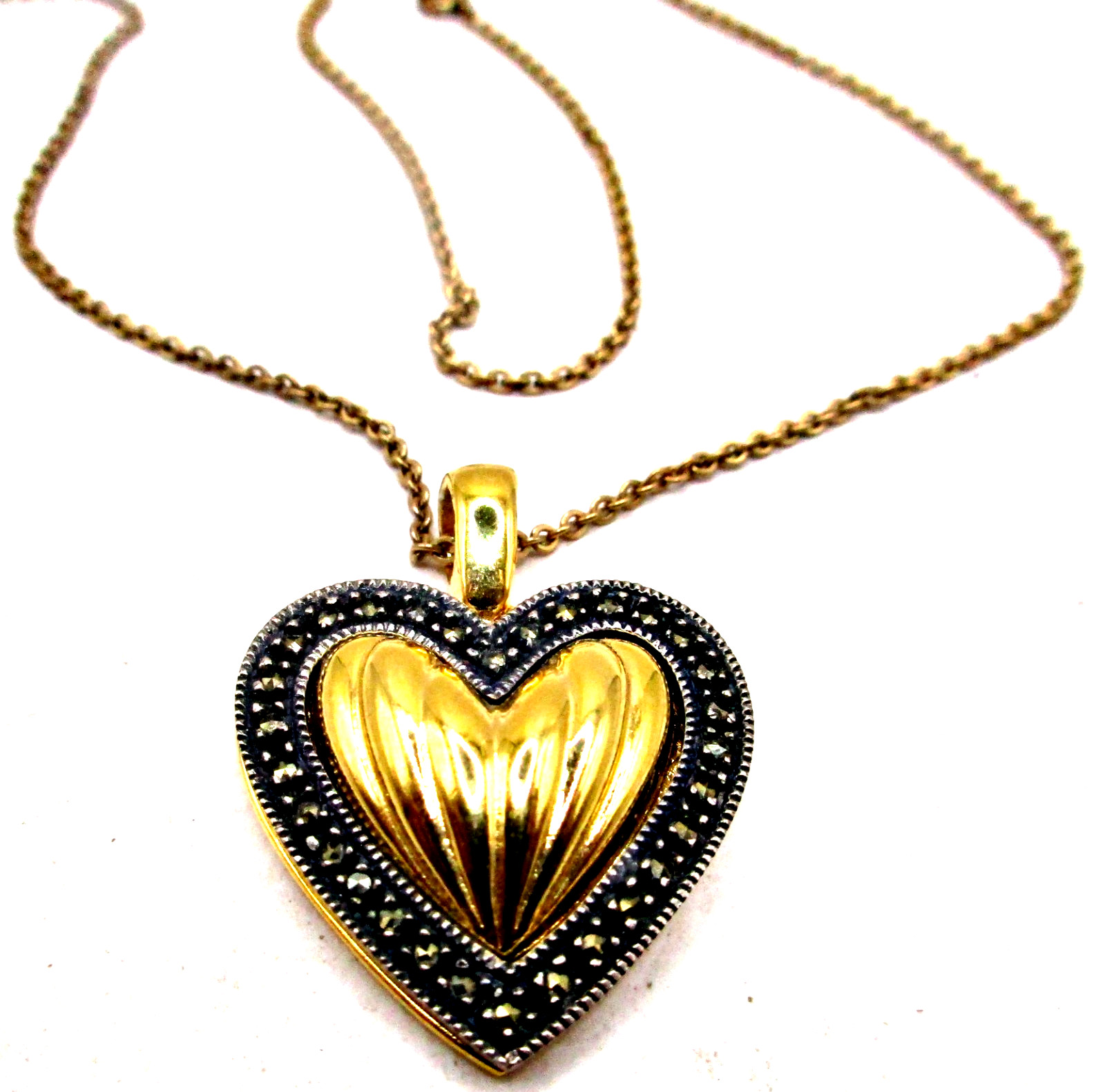 Vintage Signed JJ Judith Jack Gold-tone Ribbed Marcasite Puffy Heart Pendant