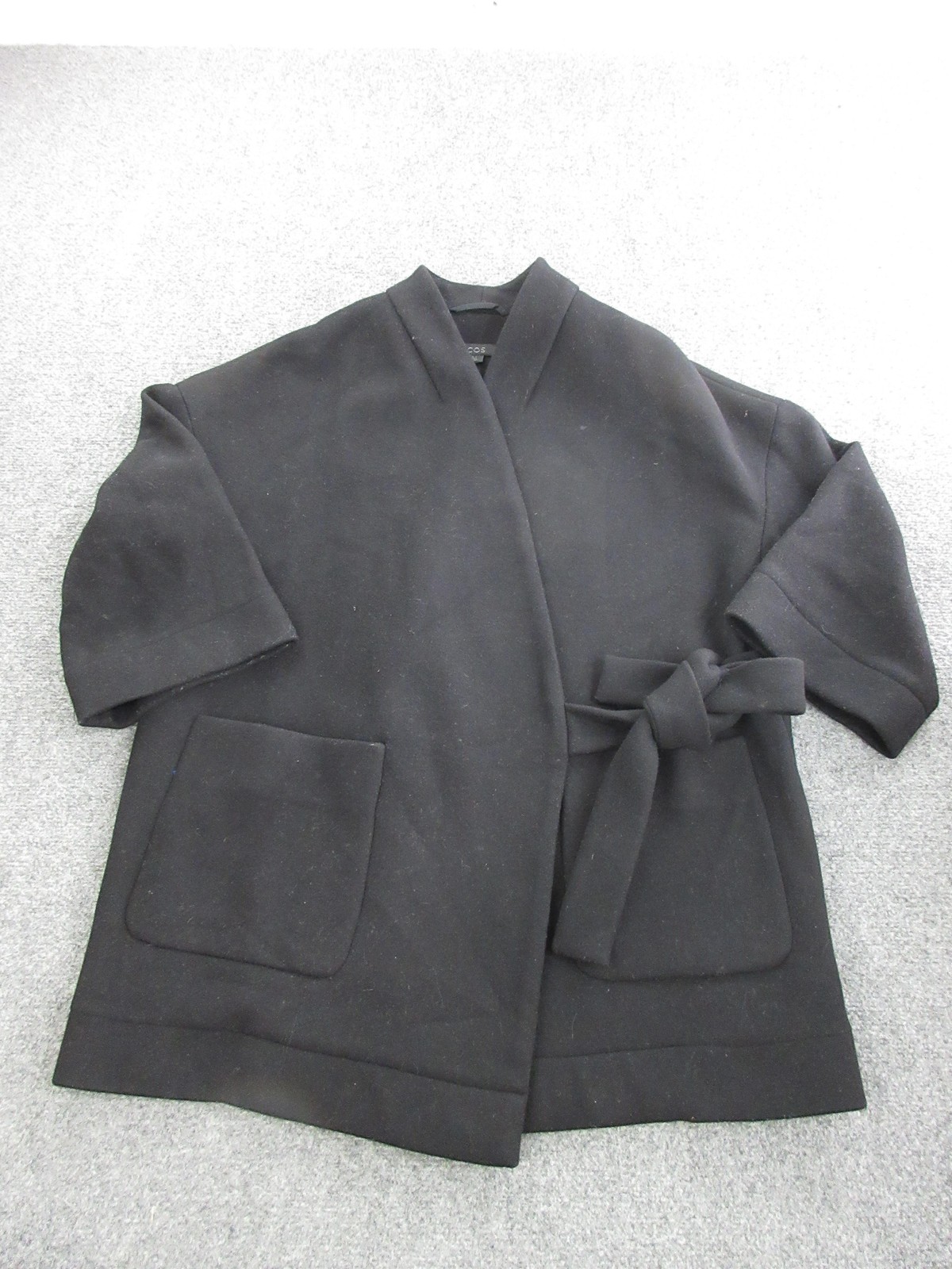 COS Coat Womens Small Black Wool Kimono Belted 3/4 Sleeve Open Front Unlined