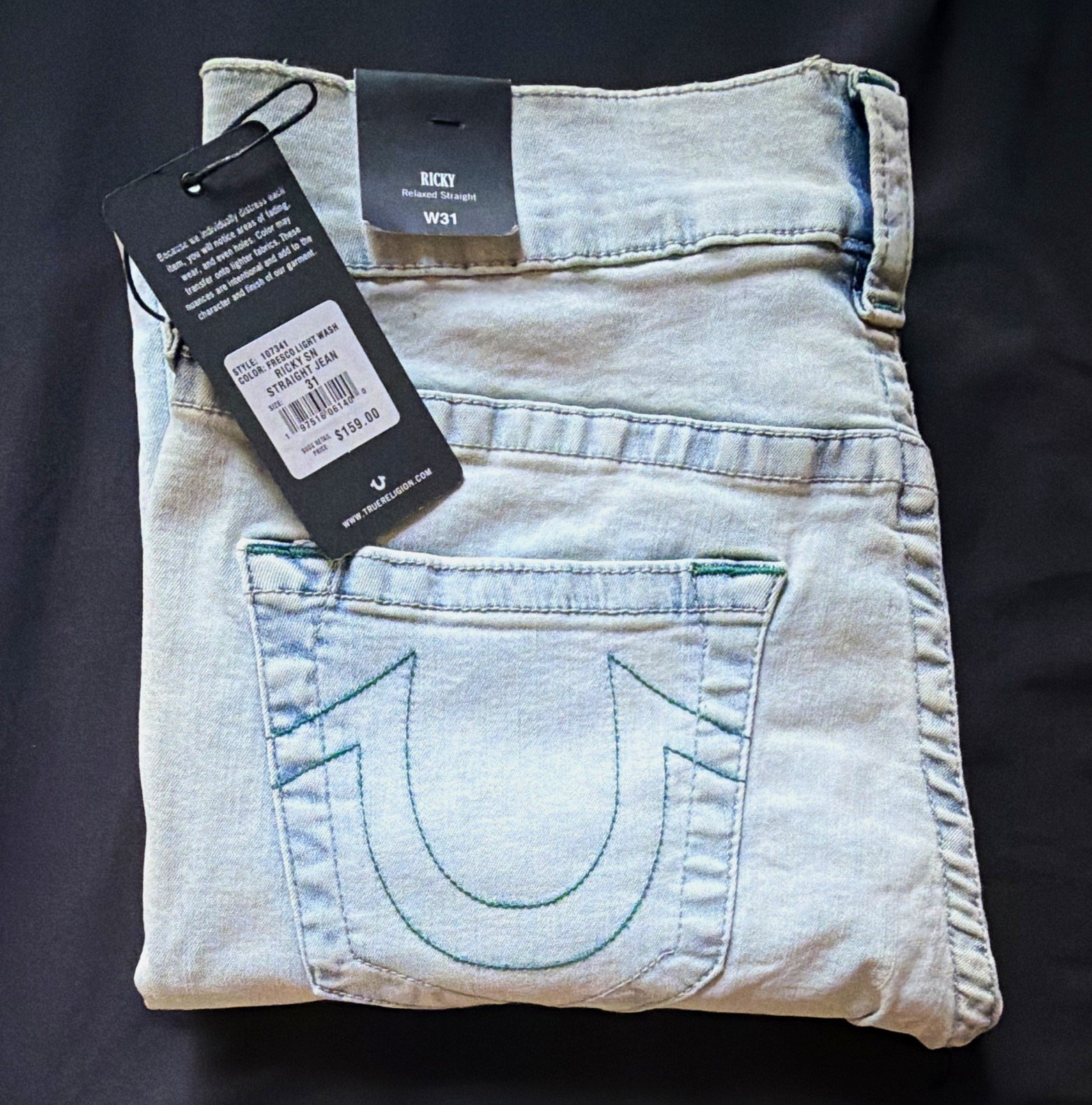 Vintage True Religion Relaxed Straight Light Wash Denim Jeans Green Stitching