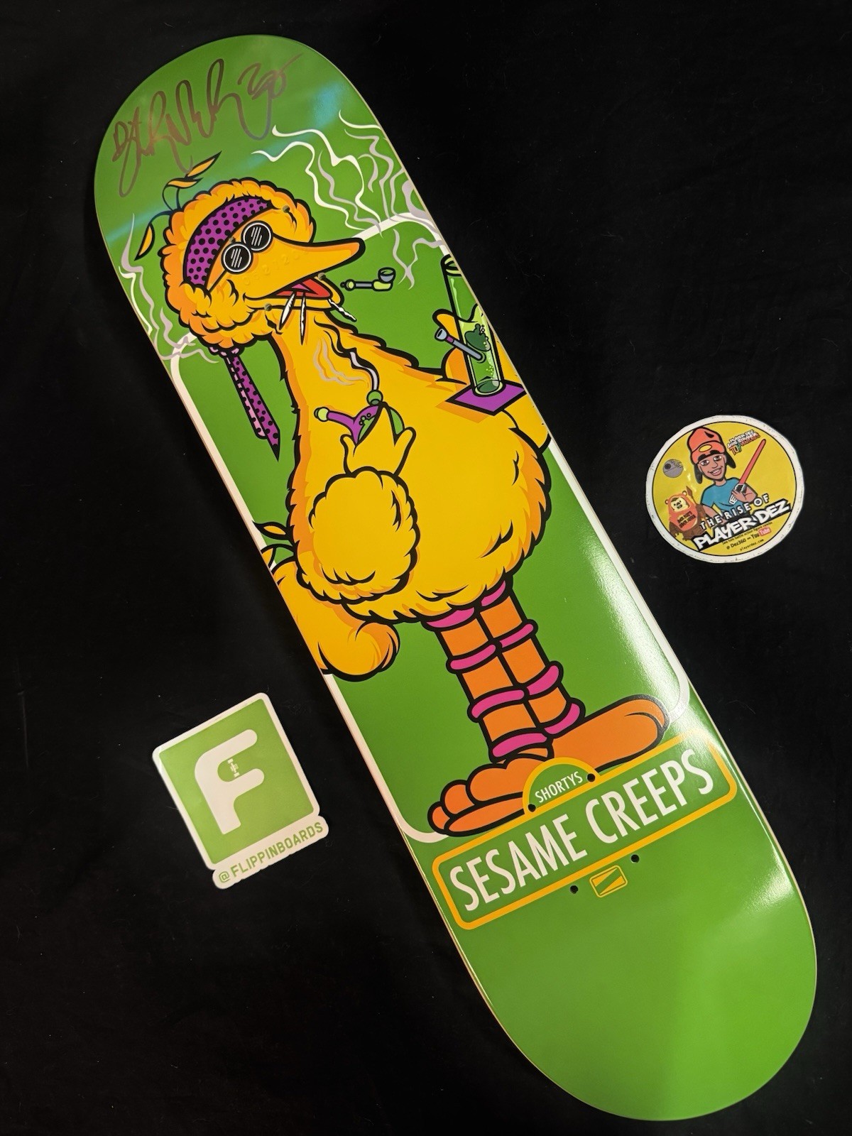 RARE SIGNED Brandon Turner Shortys Sesame Street Creeps Big Bird Skateboard Deck RARE SIGNED Brandon Turner Shortys Sesame Street Creeps Big Bird Skateboard Deck