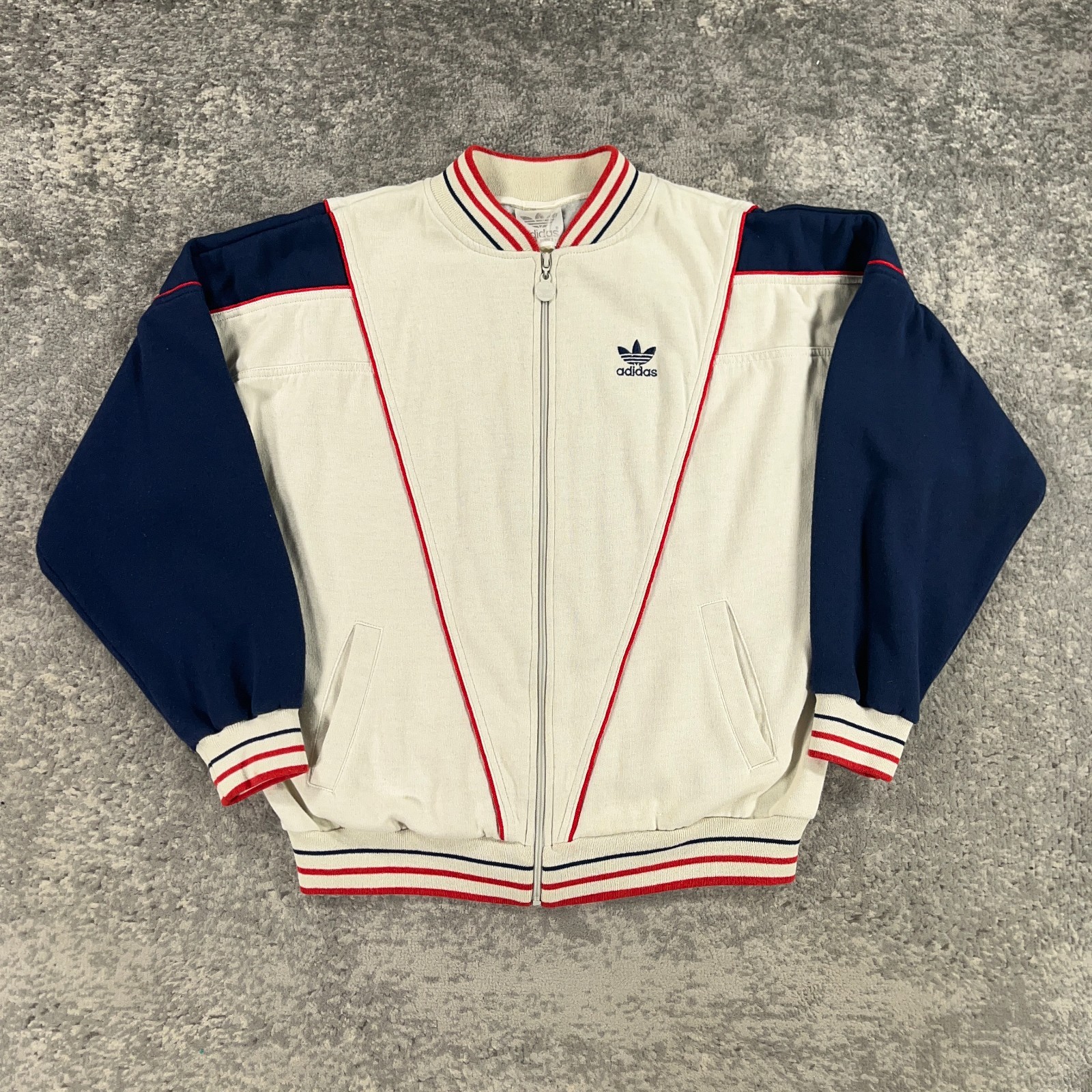 Vintage Adidas Track Jacket Mens Large L Off White Blue 80s Trefoil Logo Hip Hop Vintage Adidas Track Jacket Mens Large L Off White Blue 80s Trefoil Logo Hip Hop
