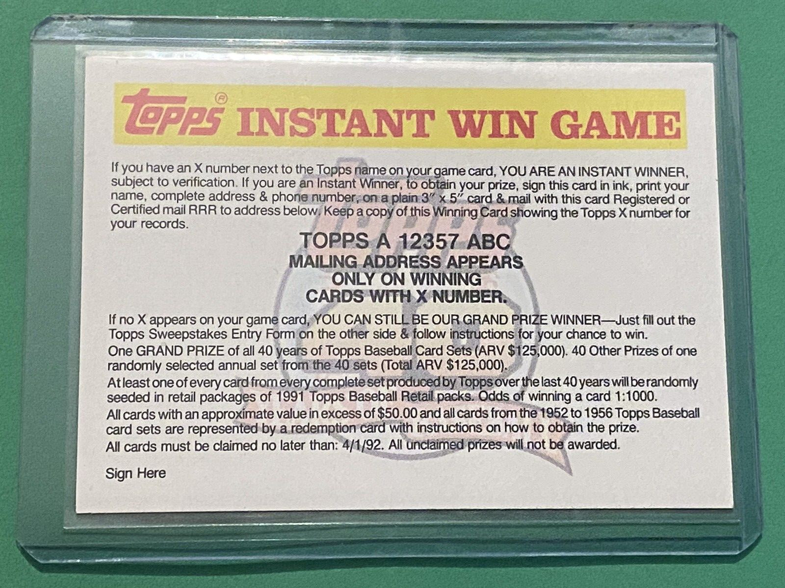1991 Topps Baseball Instant Win Game Card A #NNO Promo Redemption MLB 1991 Topps Baseball Instant Win Game Card A #NNO Promo Redemption MLB