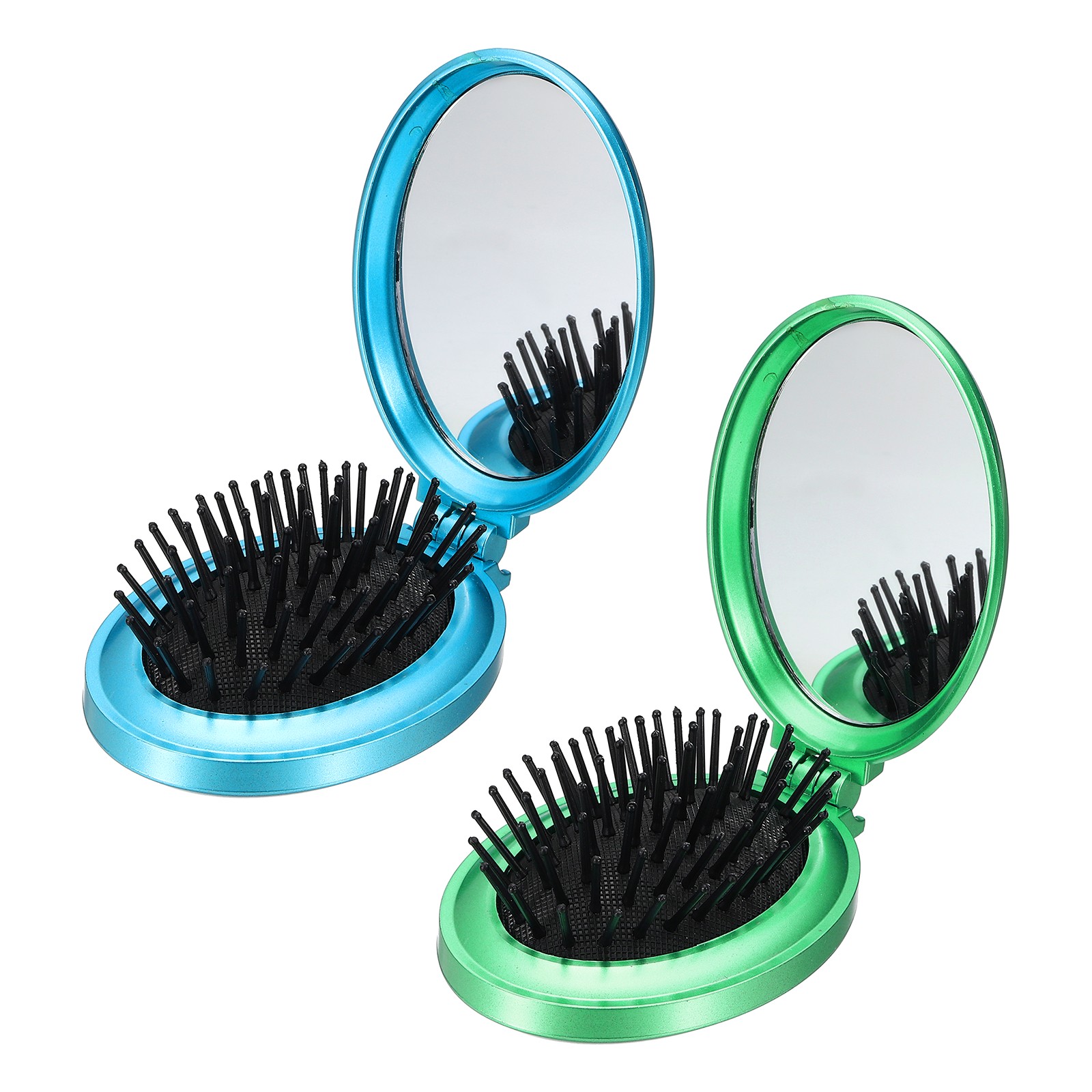 2Pcs Folding Hair Brush Oval Mini Hair Brush with Mirror Green/Blue)