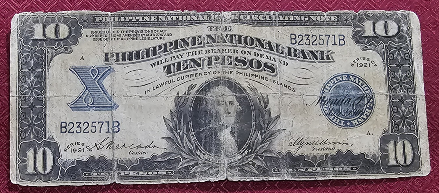 PHILIPPINES 10 PESOS 1921 PNB PHILIPPINE NATIONAL BANK - VERY GOOD W/ PINHOLES