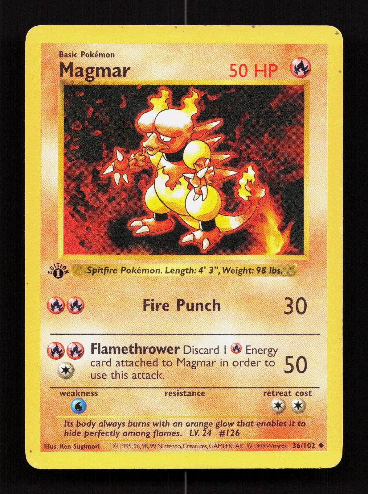 Magmar 36/102 Base Set Shadowless Uncommon Pokemon 1st Edition Shadowless MP