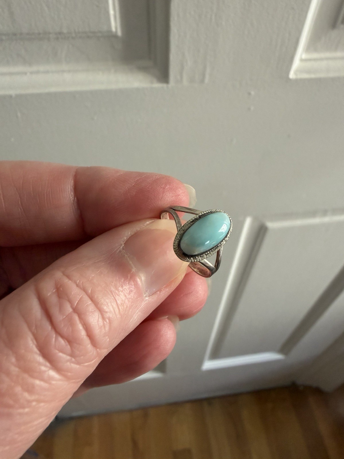 Silver Tone Band Ring with Oval Blue Stone, Bezel Set, 1 Gemstone