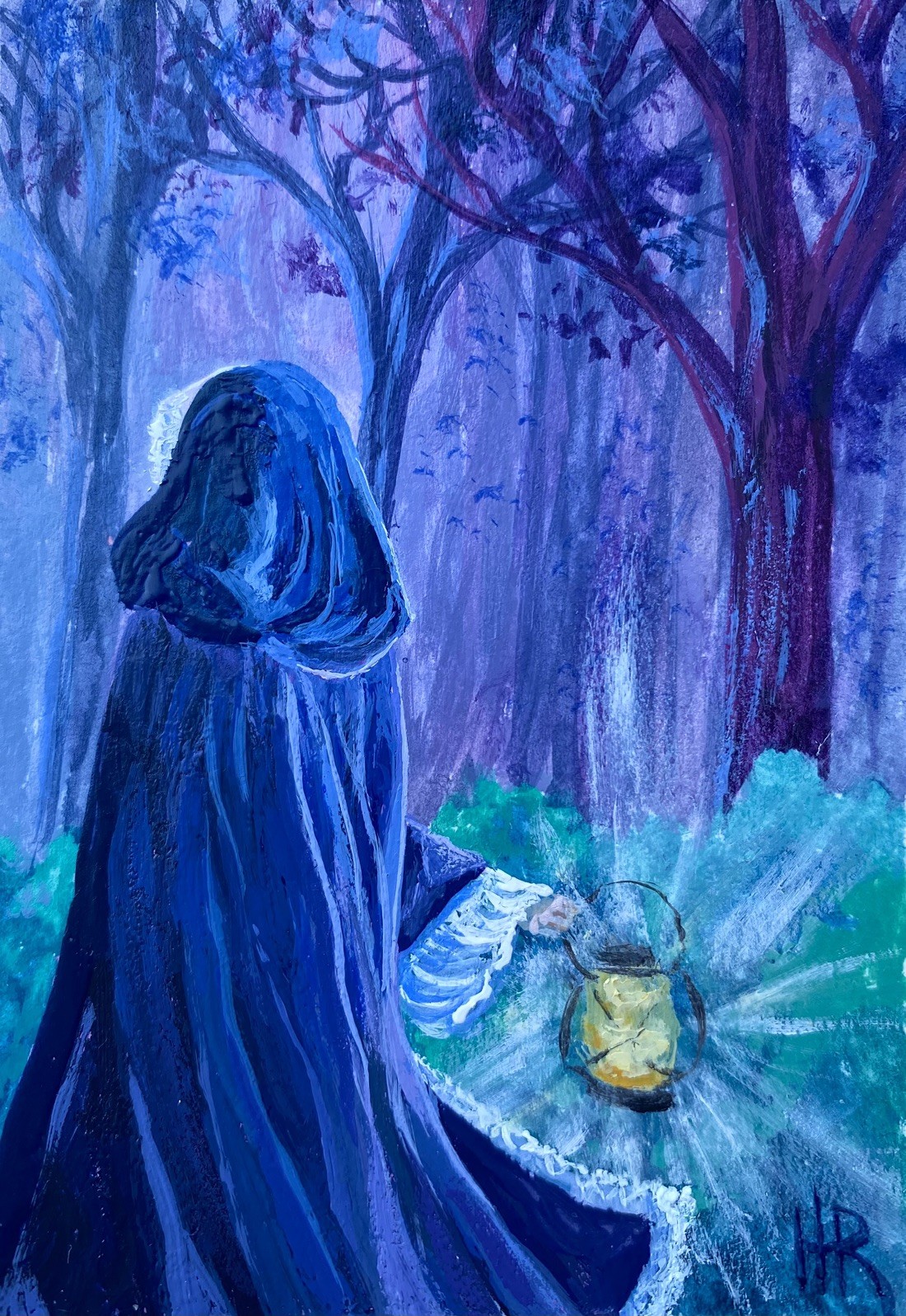 ACEO Original Woman Fantasy Cloak Forest Ethereal Mini Painting by Hannah Rowan
