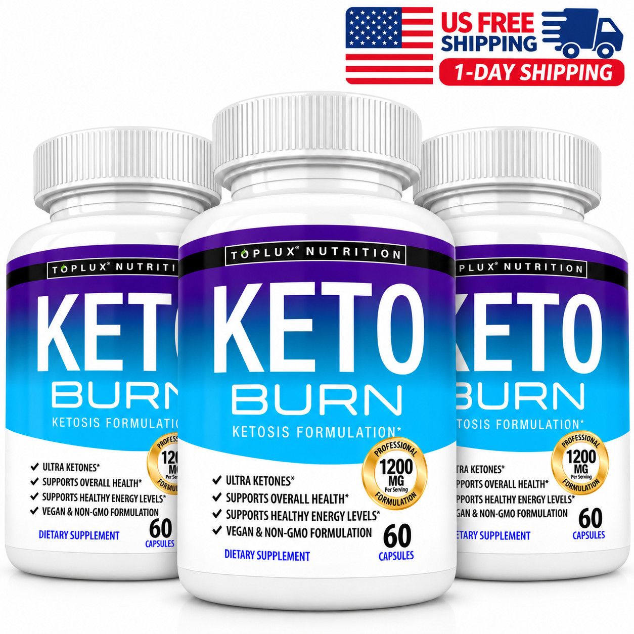 3 PACK TOPLUX Keto Burn 1200mg Ultra Ketones Healthy Energy 60 Capsules