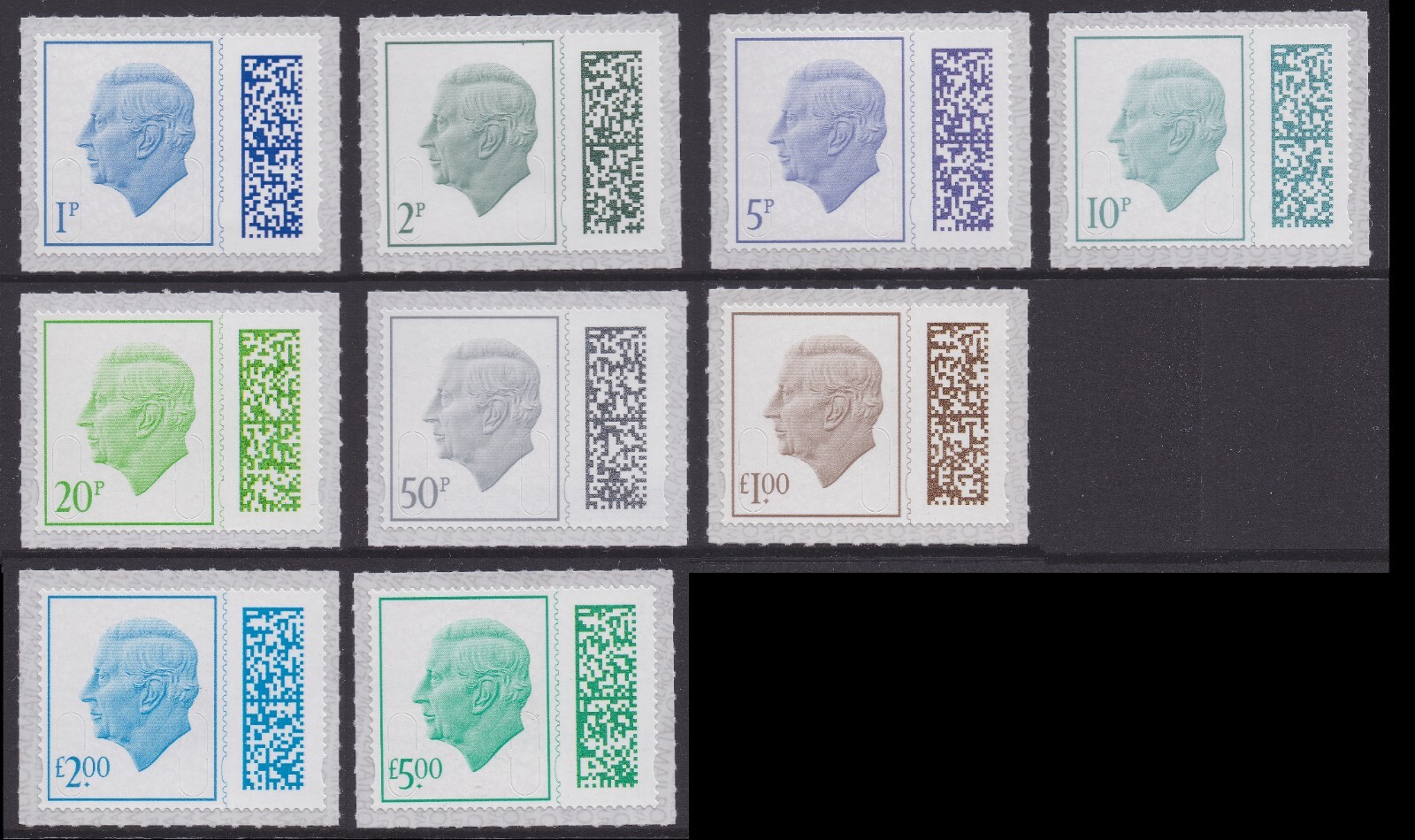 GB King Charles III Definitive low & high value M23L set 9 MNH 2023
