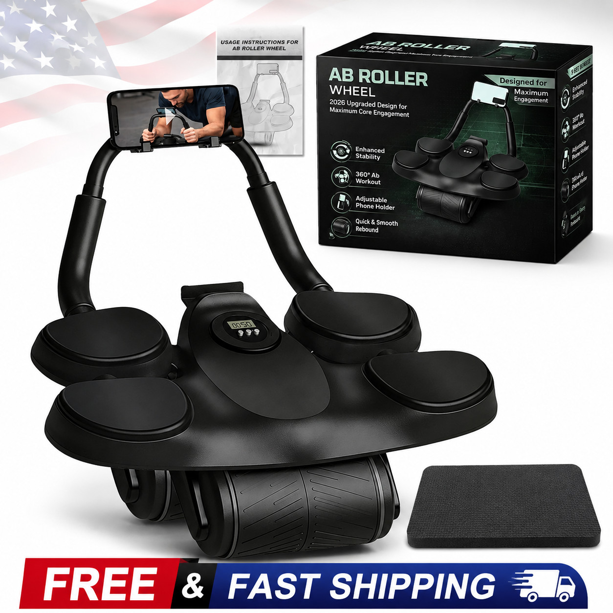AB Trainer Abdominal Exercise Crunch Roller Workout Exerciser, Home Gym w/ Timer