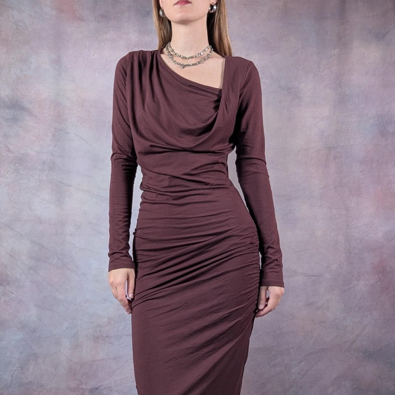 Bebe Stretchy Viscose Long Sleeve Asymmetrical Ruched Midi Dress S