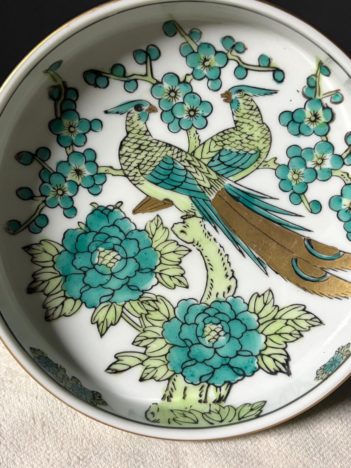 Vintage Gold Imari Hand Painted Porcelain Bowl Peacock Birds Japanese Green Blue
