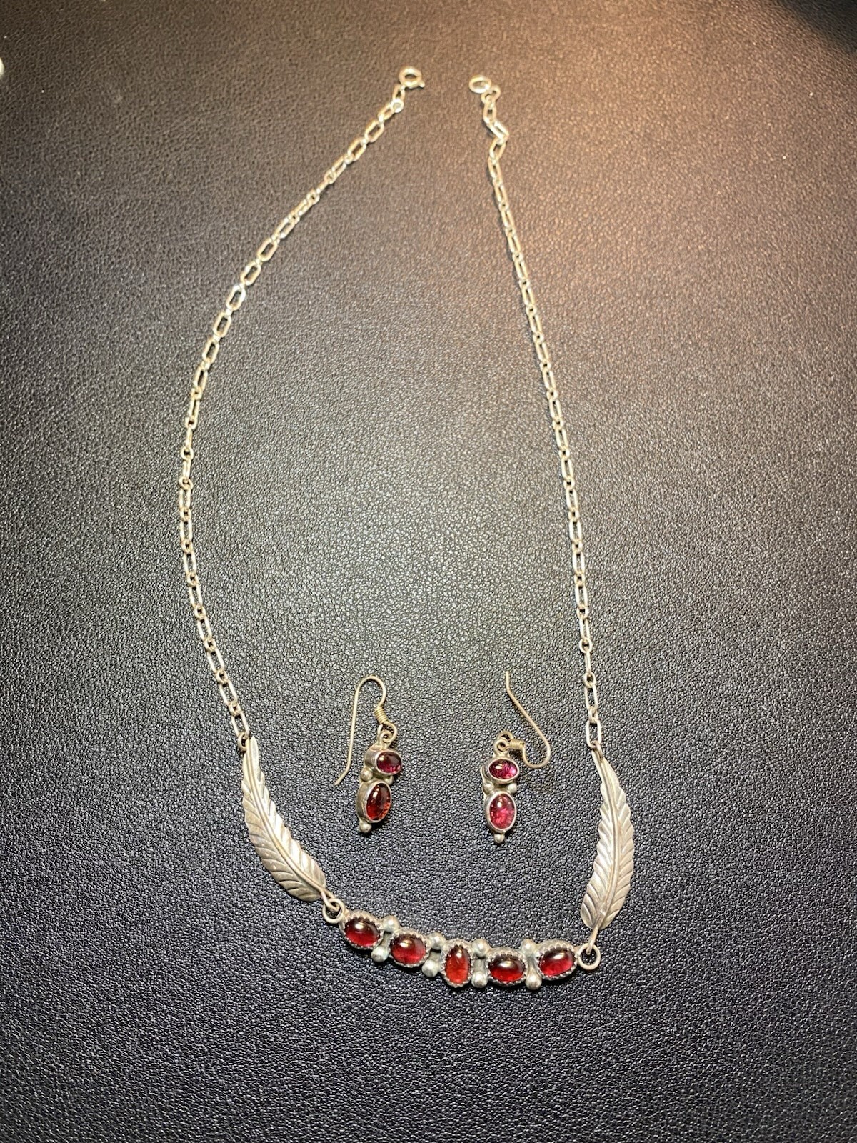 Vtg Sterling Navajo Native American Garnet Necklace And Earrings Set 13g