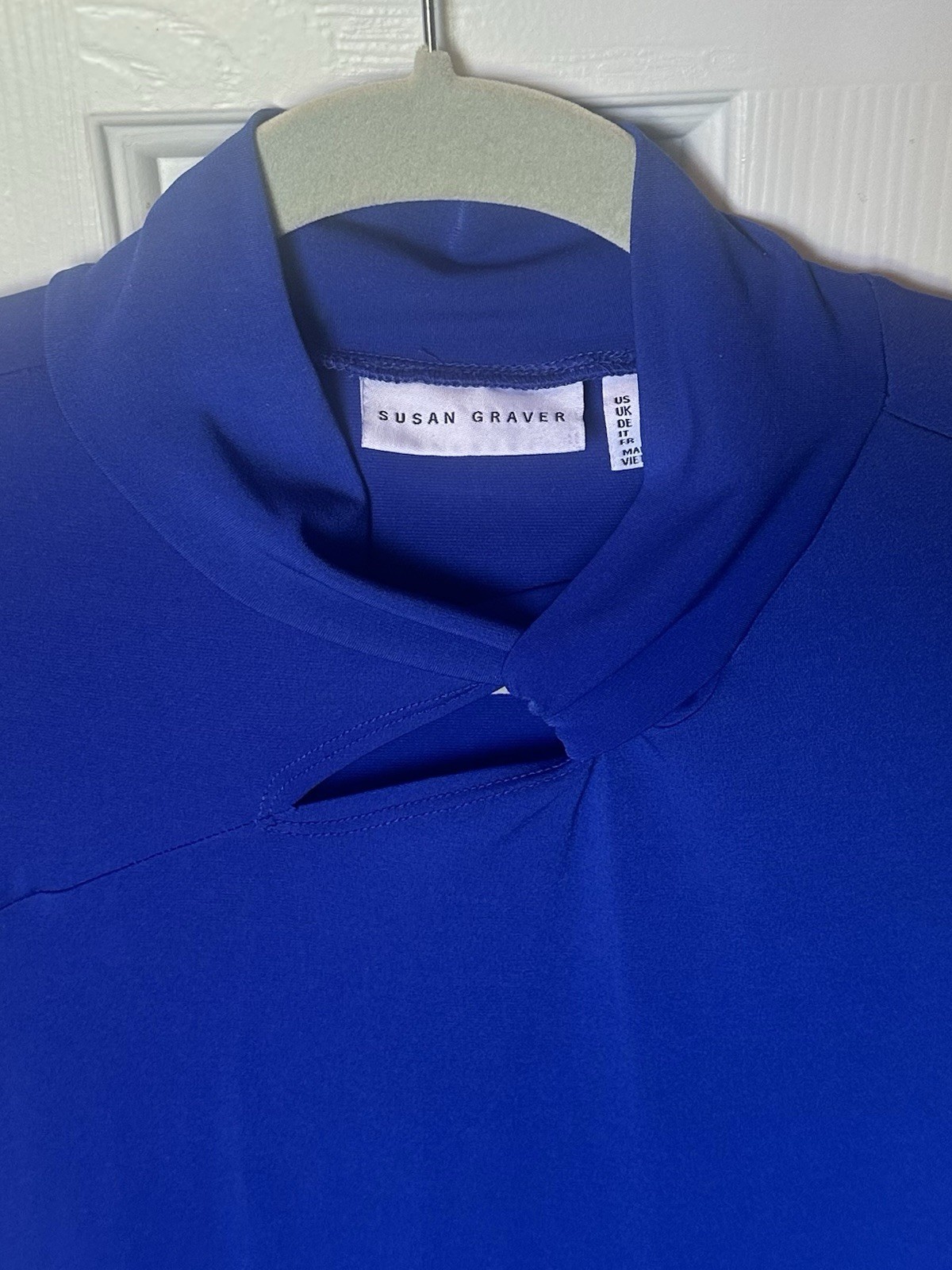 Susan Graver A294853 Liquid Knit Top M Royal Blue Twist Neck Keyhole Long Sleeve