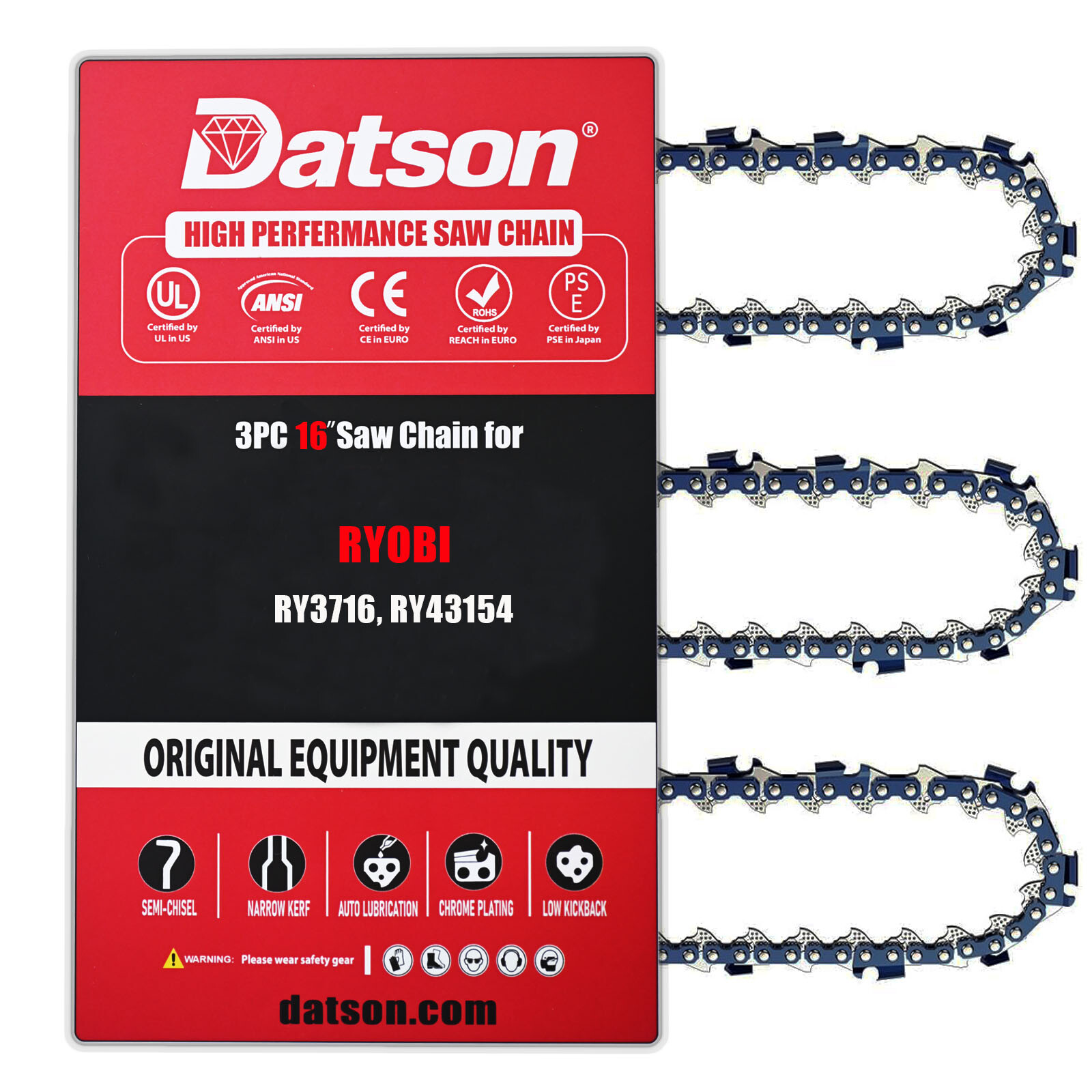 3PACK,16 INCH Chainsaw Chain Blade For RYOBI RY3716, RY43154 3/8\