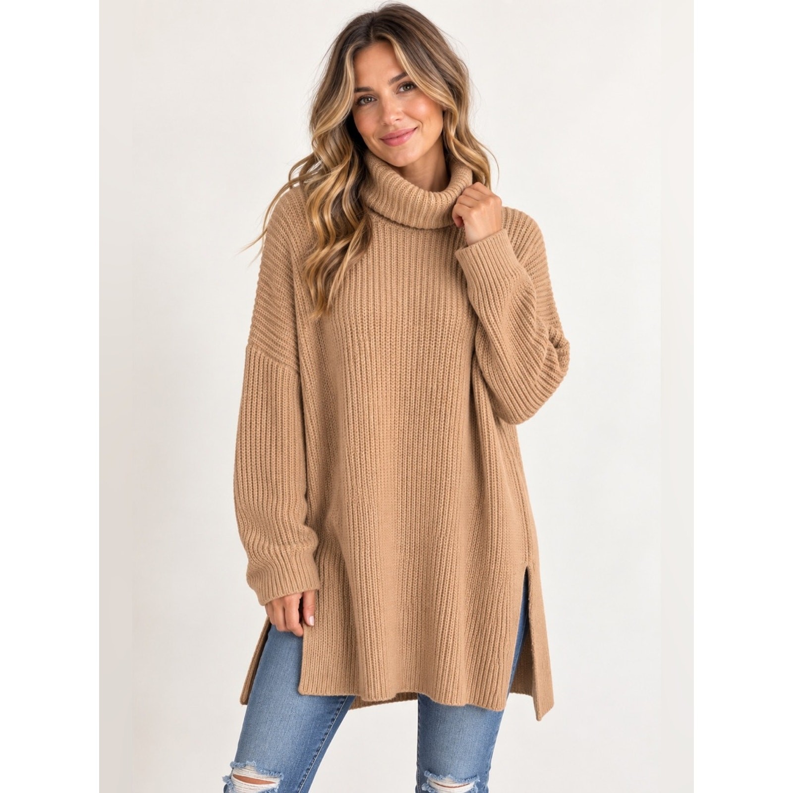 Wayf Camel Ribbed Cowl Neck Sweater Tunic Wayf Camel Ribbed Cowl Neck Sweater Tunic