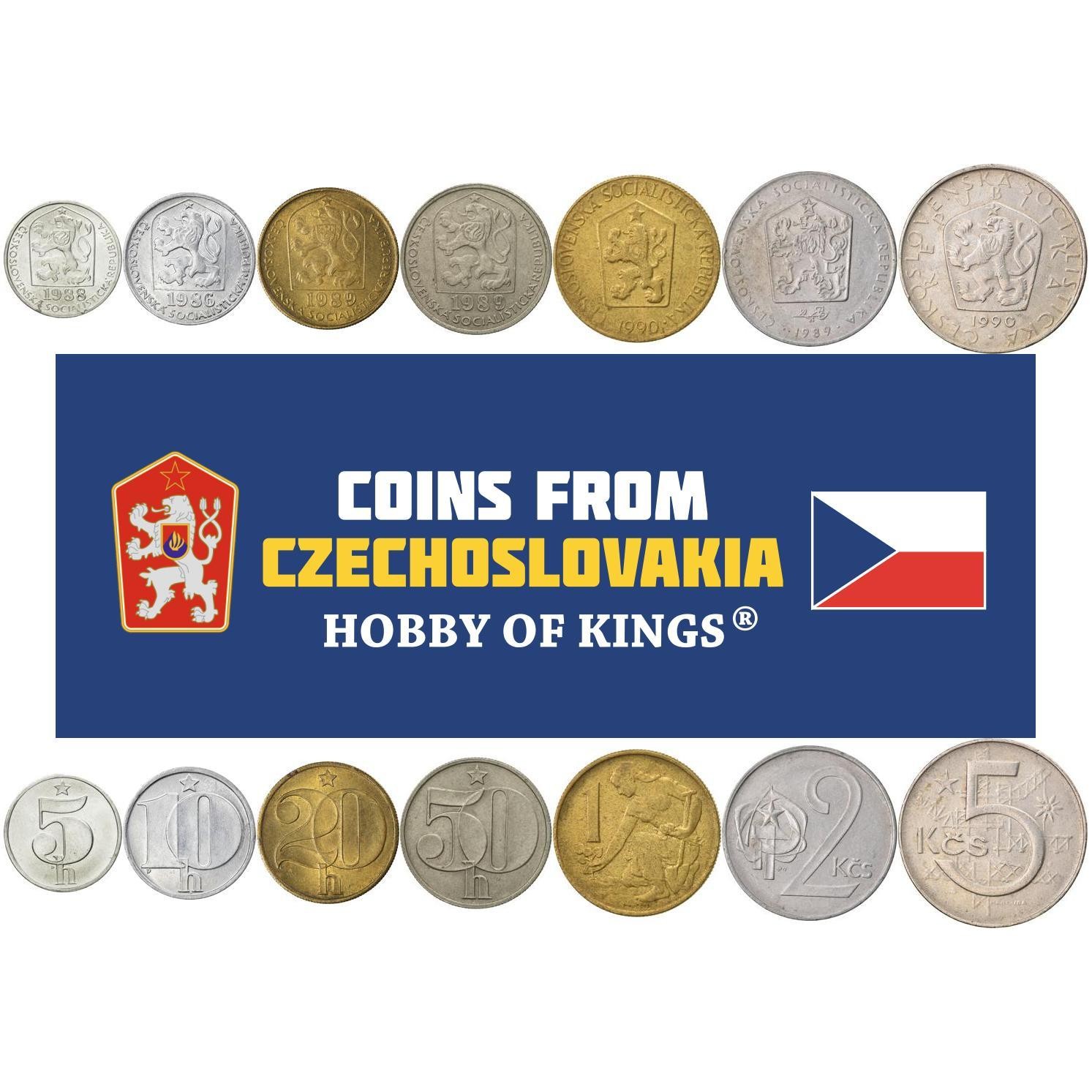 Czechoslovakia | 7 Coin Set | 5 10 20 50 Hellers 1 2 5 Korun | 1972 - 1990