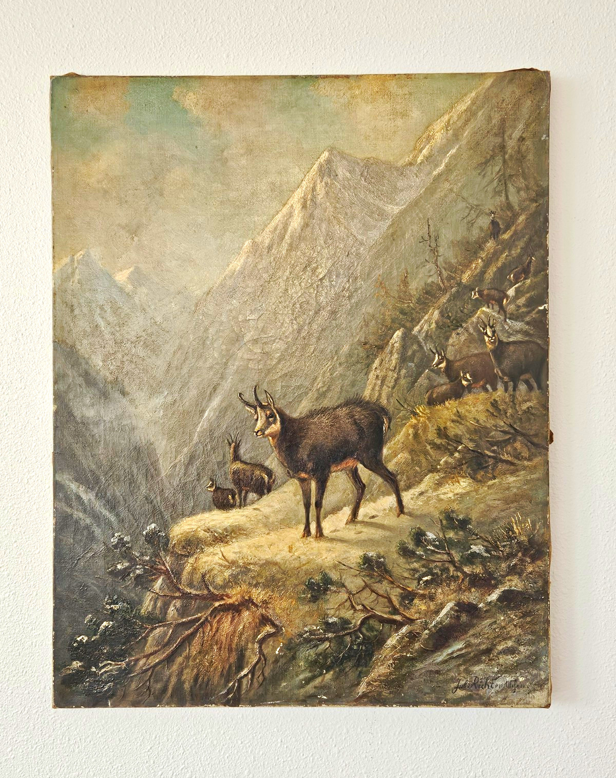 Antique c1880s Julius Richter Munich Oil Painting Alpine Chamois German School Antique c1880s Julius Richter Munich Oil Painting Alpine Chamois German School