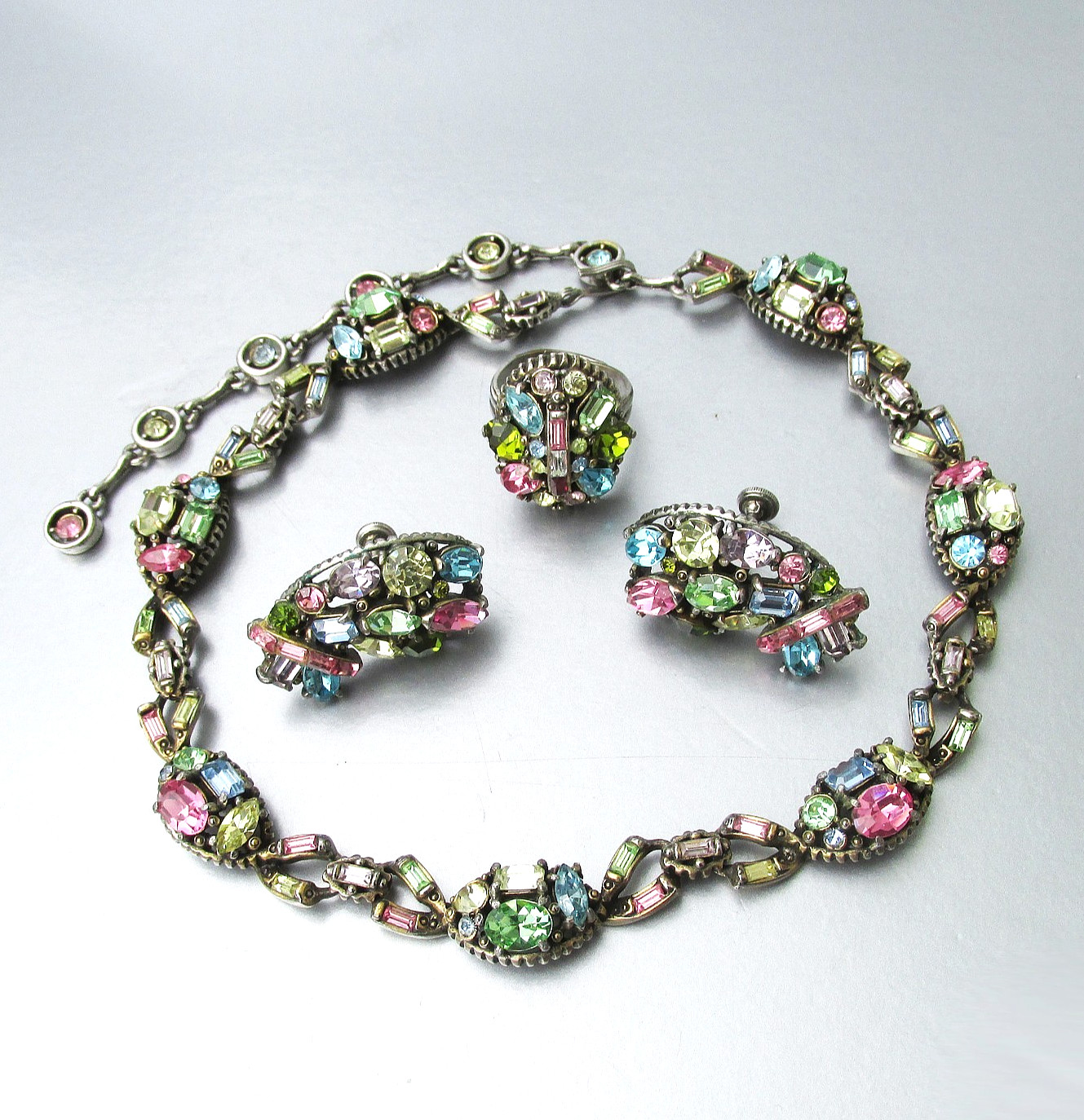 Vintage HOLLYCRAFT Signed 1955 Fruit Salad Rhinestone Necklace Earrings RING Set