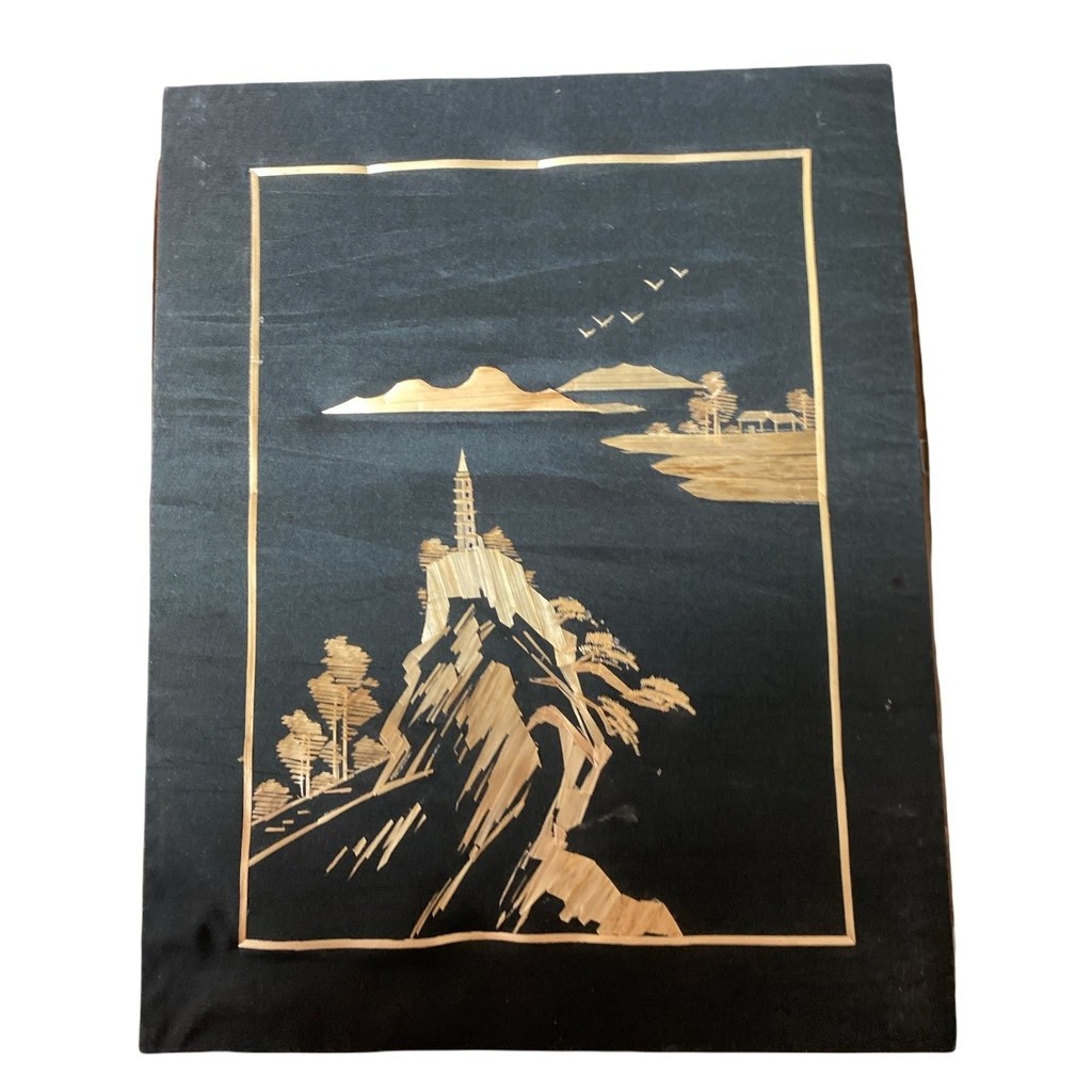 Silk Picture Chinese PRC Landscape Scene Black Gold Gilded Bamboo Frame 20 X 25 Silk Picture Chinese PRC Landscape Scene Black Gold Gilded Bamboo Frame 20 X 25
